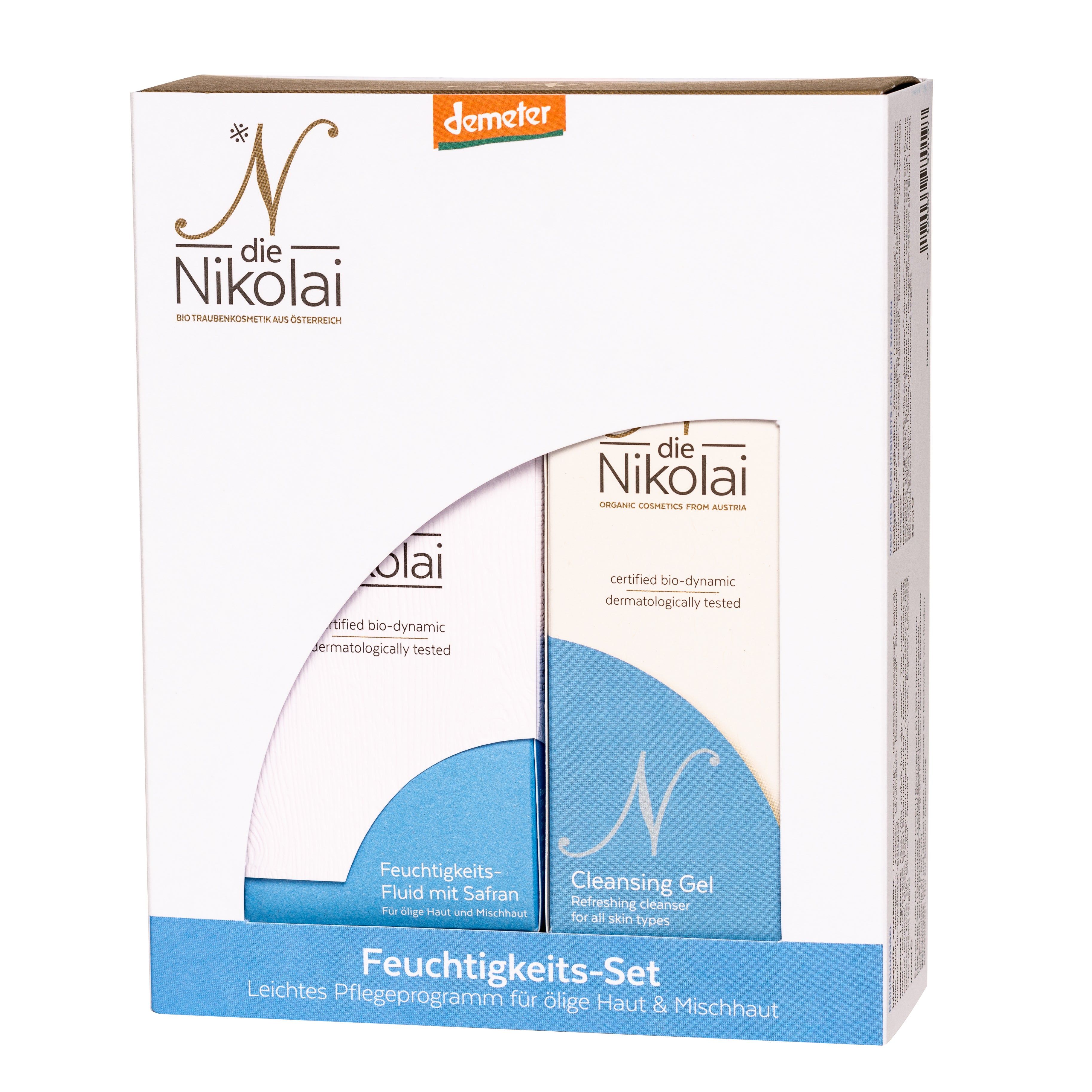 Geschenkset mit zwei Produkten. Aufschrift: die Nikolai, Feuchtigkeits-Set, Cleansing Gel. Demeter-Siegel.