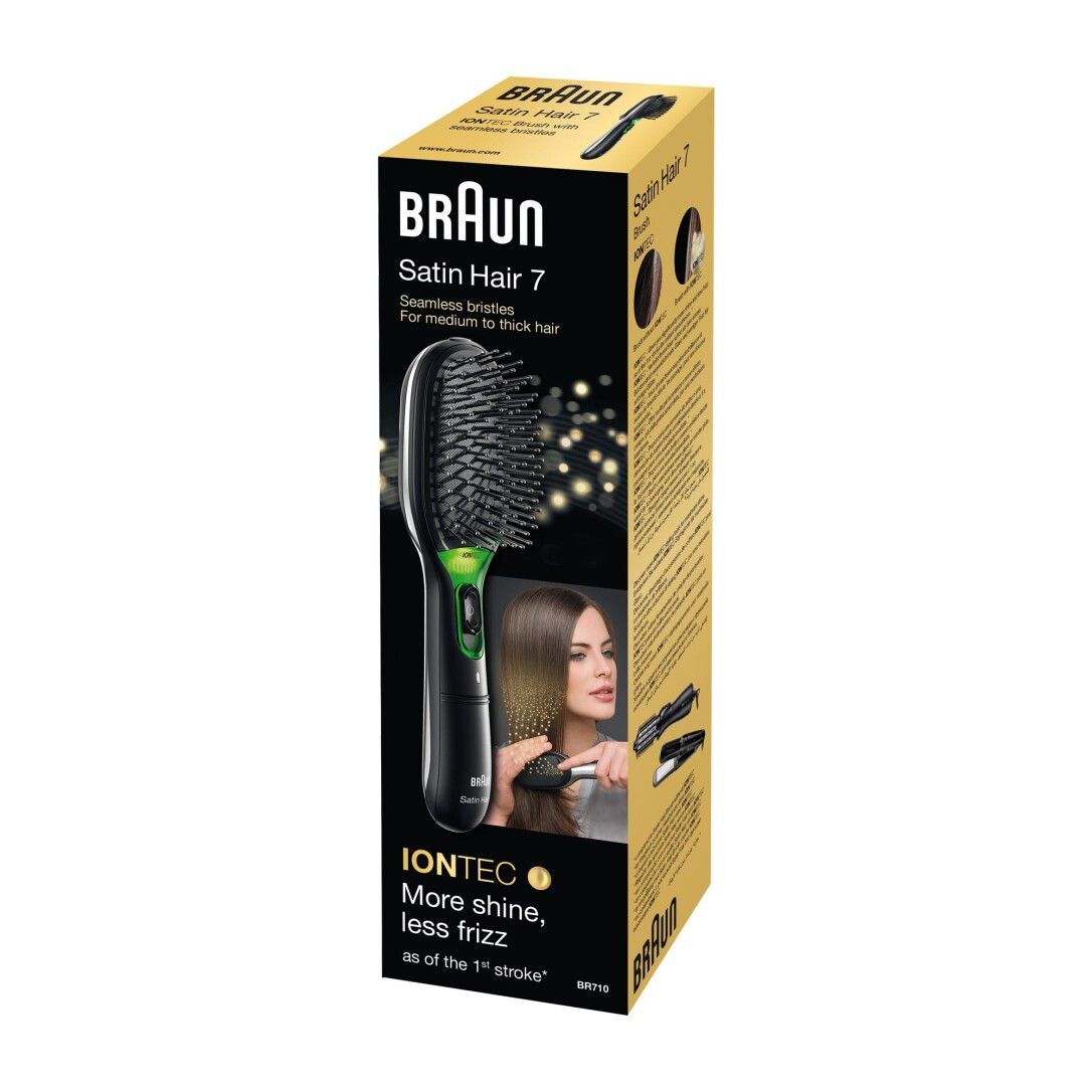 Verpackung der elektrischen Haarbürste Braun Satin Hair 7. Goldfarbener Karton mit Produktbild, Produktname und Marke. Produktabbildung.