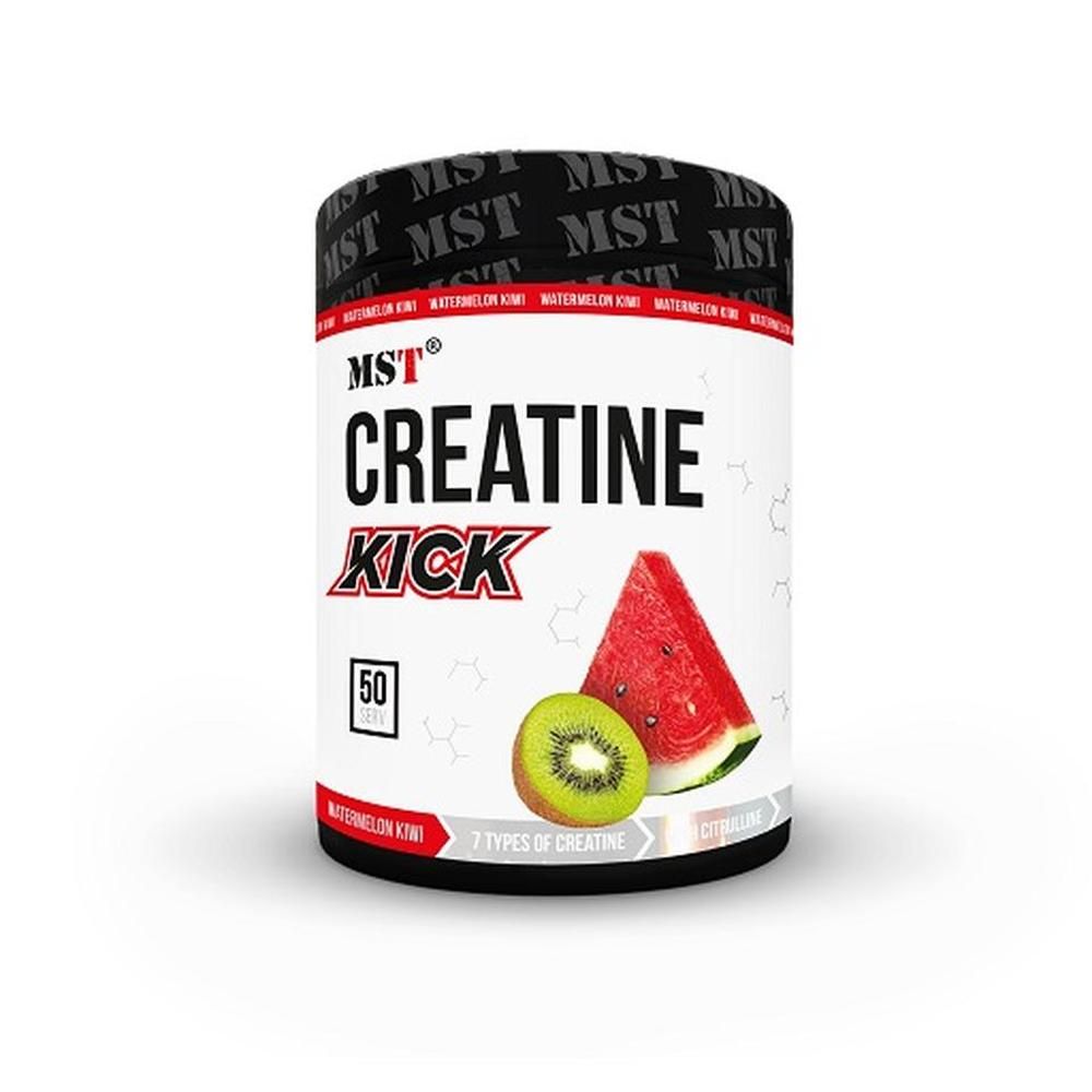 Zylinderförmige Dose mit "MST Creatine Kick"-Aufdruck. Abbildung von Kiwi und Wassermelone. 50 Portionen.