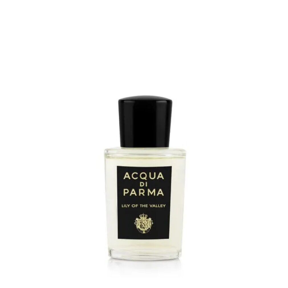 Glasflakon mit schwarzem Deckel. Aufschrift: Acqua Di Parma, Lily Of The Valley. Goldfarbenes Emblem. Flüssigkeit sichtbar.
