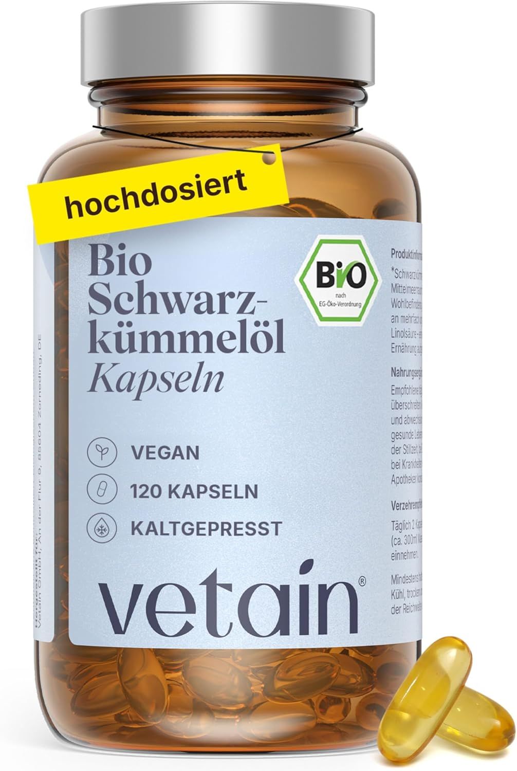 Vetain Bio Schwarzkümmelöl Kapseln – 1000mg pro Tag - 50% Linolsäure + Thymochinon kaltgepresst 120 St