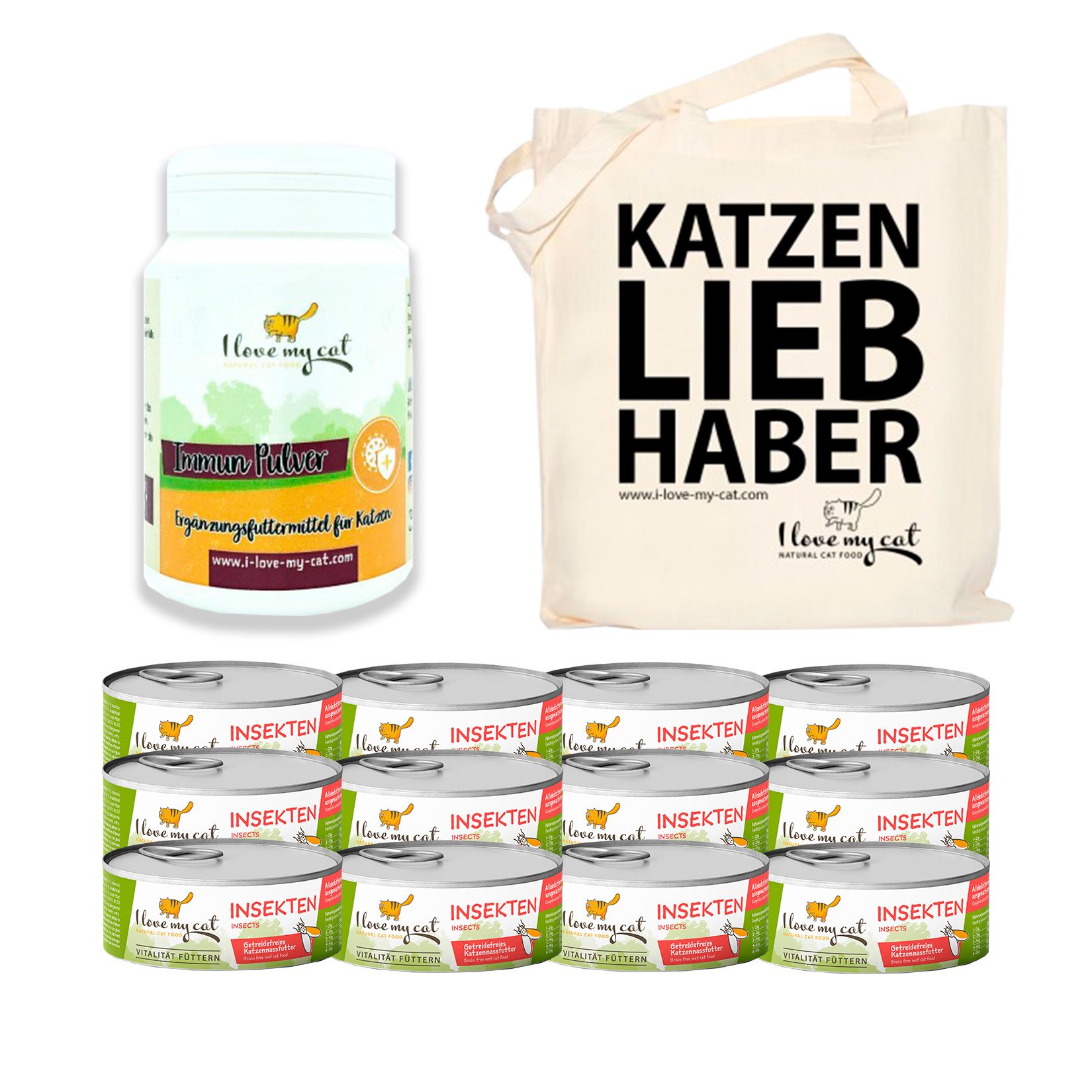 I love my cat Sparset für Katzen mit IBD - Nassfutter mit Insekten + Immun Pulver + Jutebeutel