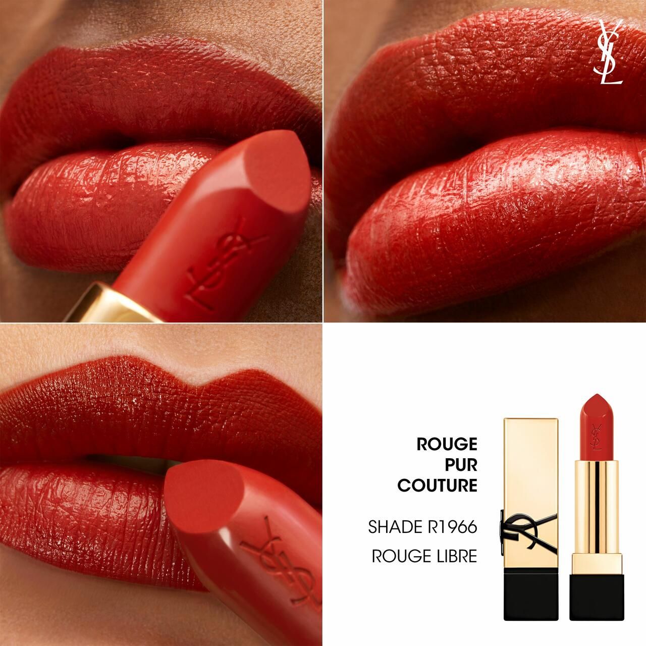 Vier Bilder. Lippen mit rotem Lippenstift. Ein Lippenstift mit goldenem Gehäuse und YSL-Logo.