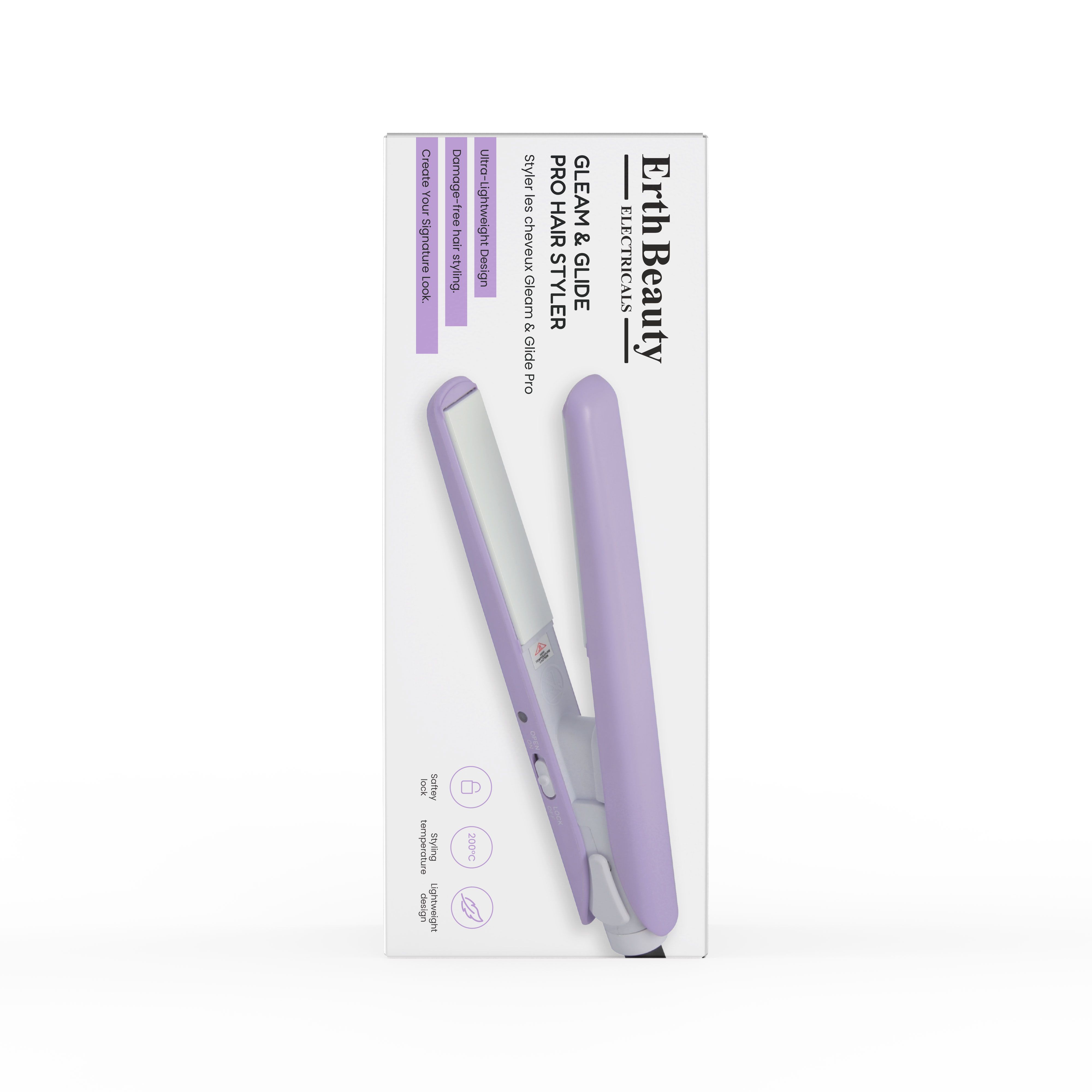 Fer à lisser dans son emballage. Violet et blanc. Marque Erth Beauty. Texte : Gleam & Glide Pro Hair Styler. Design ultra-léger. Pour cheveux lisses.