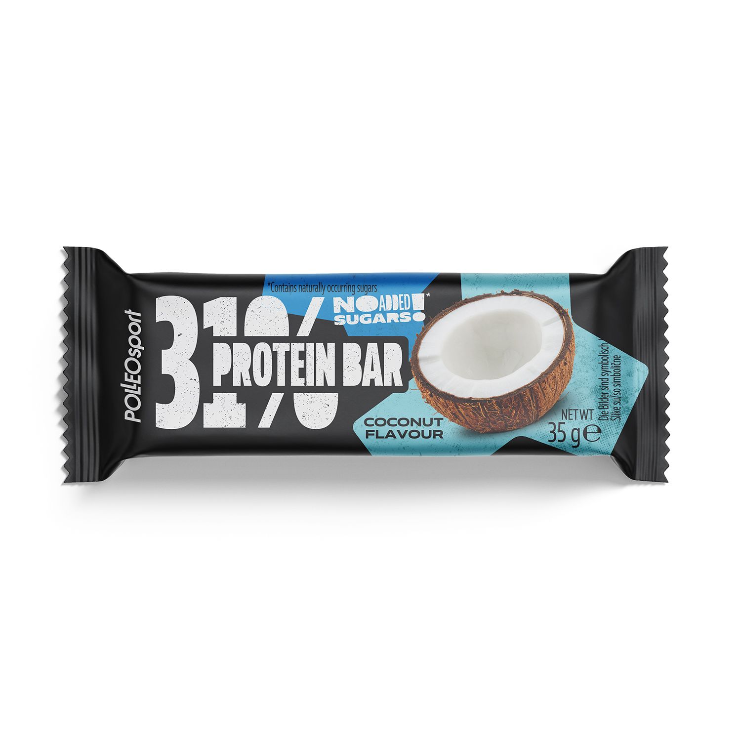Einzelne Proteinriegel-Verpackung. Aufdruck: 31% Protein Bar, Kokosnuss-Geschmack, 35g. Marke: PolleoSport.