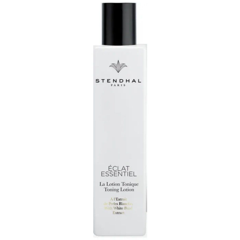 Weiße Flasche mit schwarzem Deckel. Aufschrift: Stendhal Paris, Éclat Essentiel, La Lotion Tonique Toning Lotion.