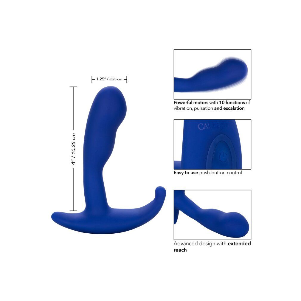 Blauer Analplug mit gebogener Form. Abmessungen: 4 Zoll/10,25 cm. Zusätzliche Bilder zeigen Details und Funktionen.