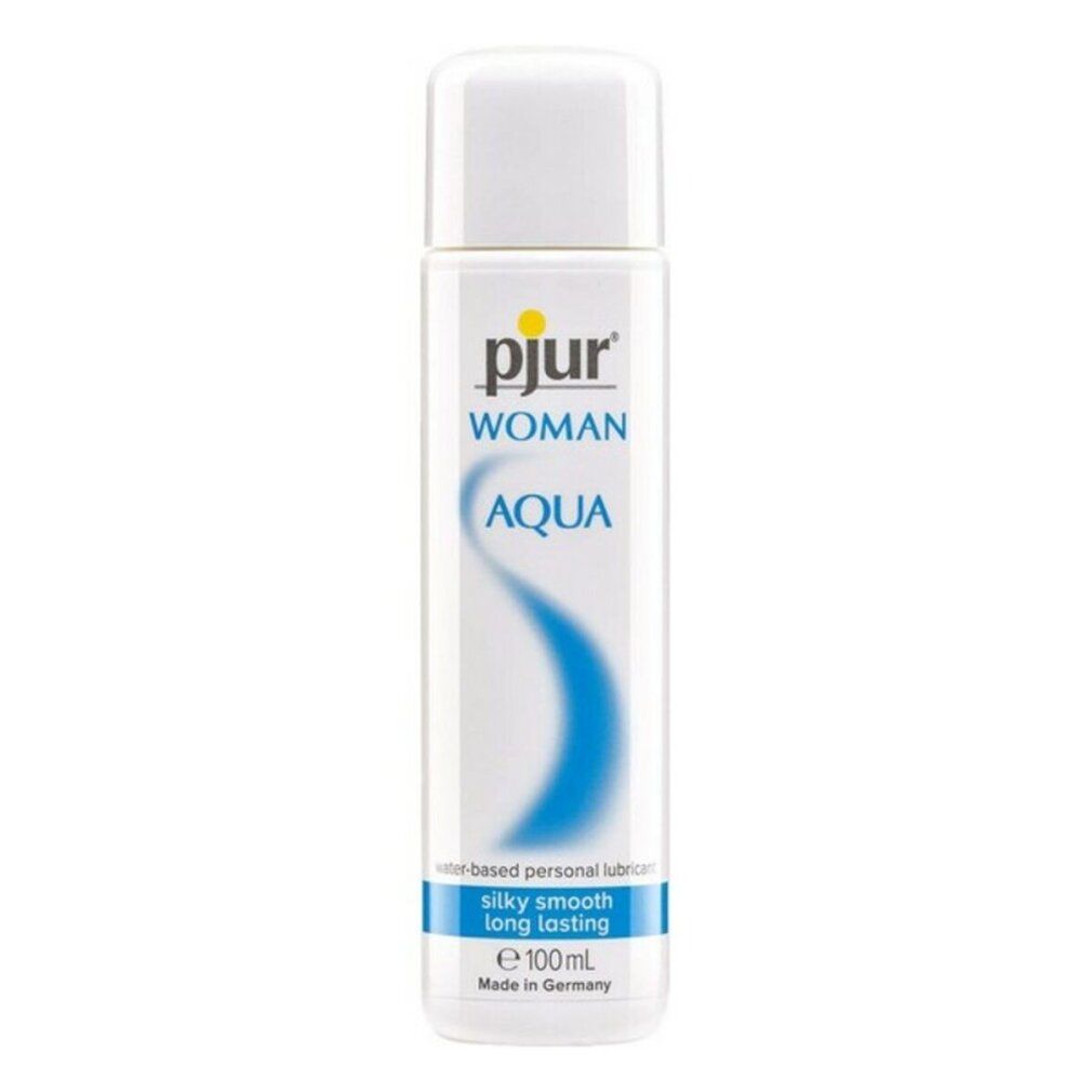 Weiße Flasche mit blauem Etikett. Aufschrift: pjur WOMAN AQUA. Wasserbasiertes Gleitmittel. Silky smooth long lasting.
