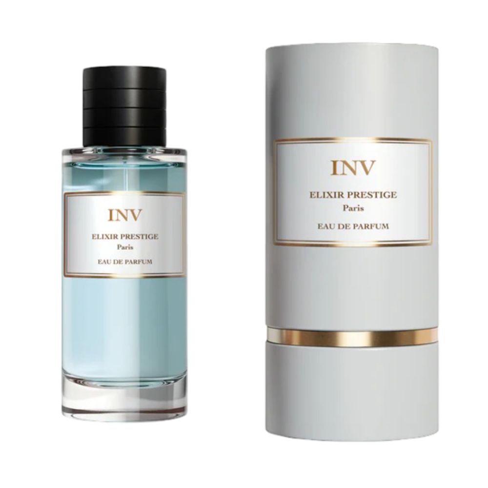 Parfümflakon und zylindrische Verpackung. Flakon mit schwarzem Deckel. Etikett mit INV, Elixir Prestige, Paris. Hellblaue Flüssigkeit.