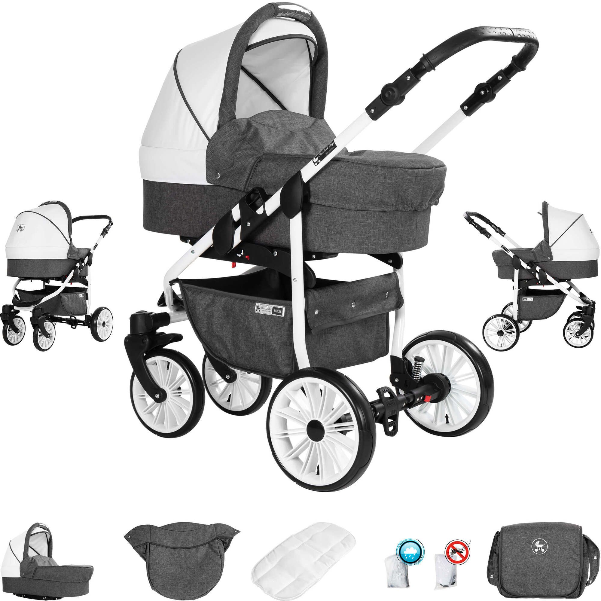 Friedrich Hugo Berlin 3 in 1 Kinderwagen Set GEL Reifen, Dark Grey and White Day