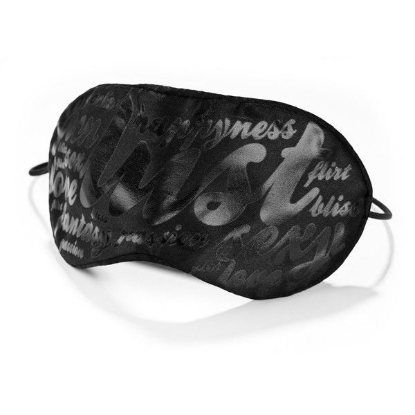Schwarze Augenmaske mit Schriftzug. Texturierte Oberfläche mit Wörtern wie 'Lust' und 'Flirt'. Elastische Bänder.