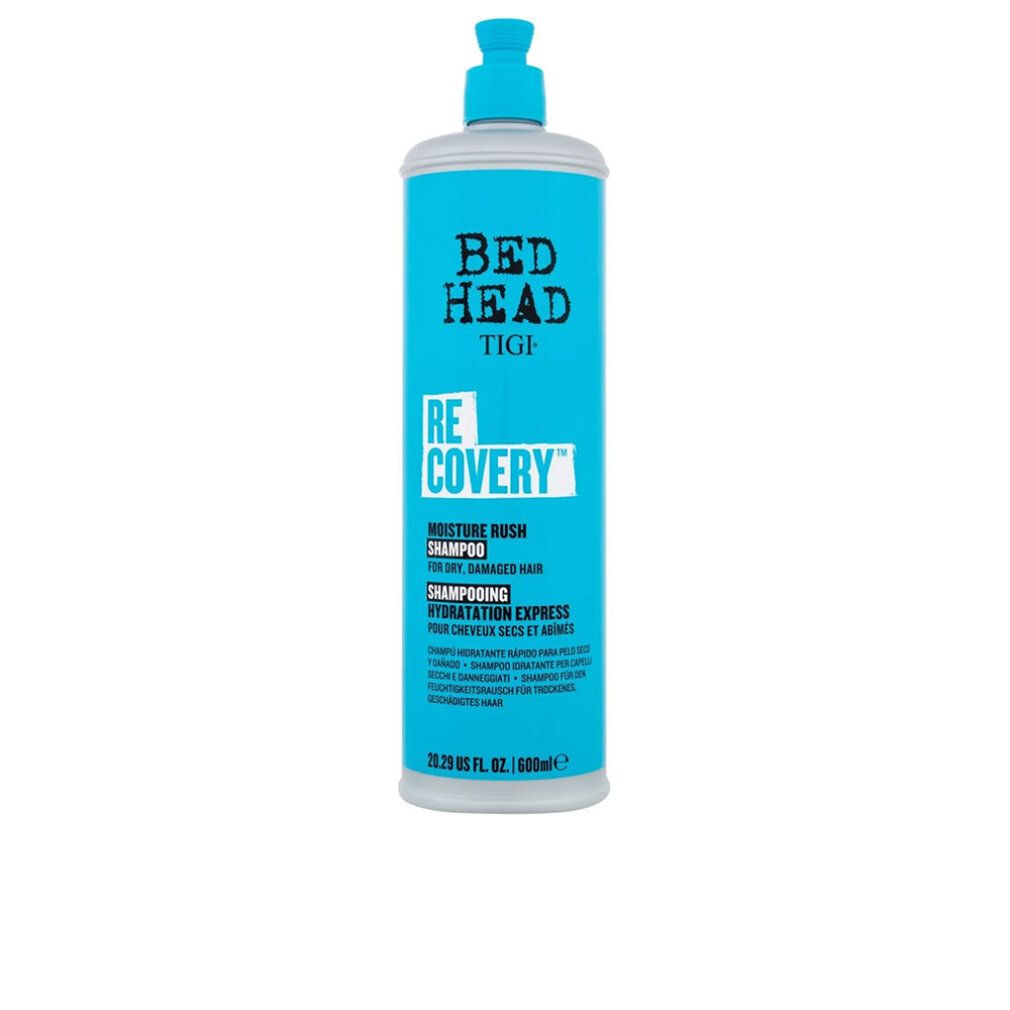 Türkis Shampoo-Flasche mit weißem Deckel. Aufschrift: Bed Head Tigi Re-covery Moisture Rush Shampoo. Für trockenes, geschädigtes Haar.
