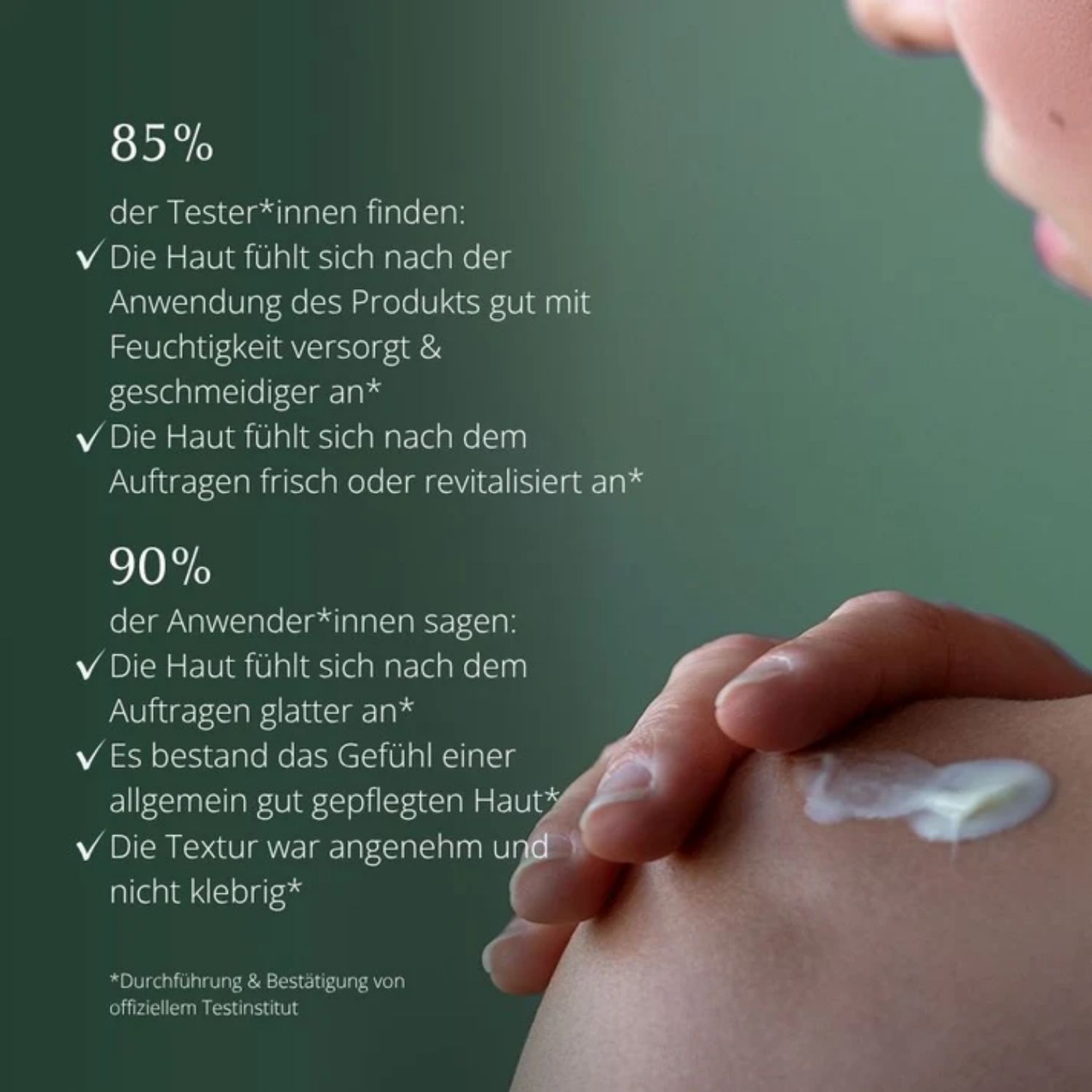 Text mit Prozentangaben zur Hautverbesserung nach Produktanwendung, mit einer Hand, die Lotion aufträgt.