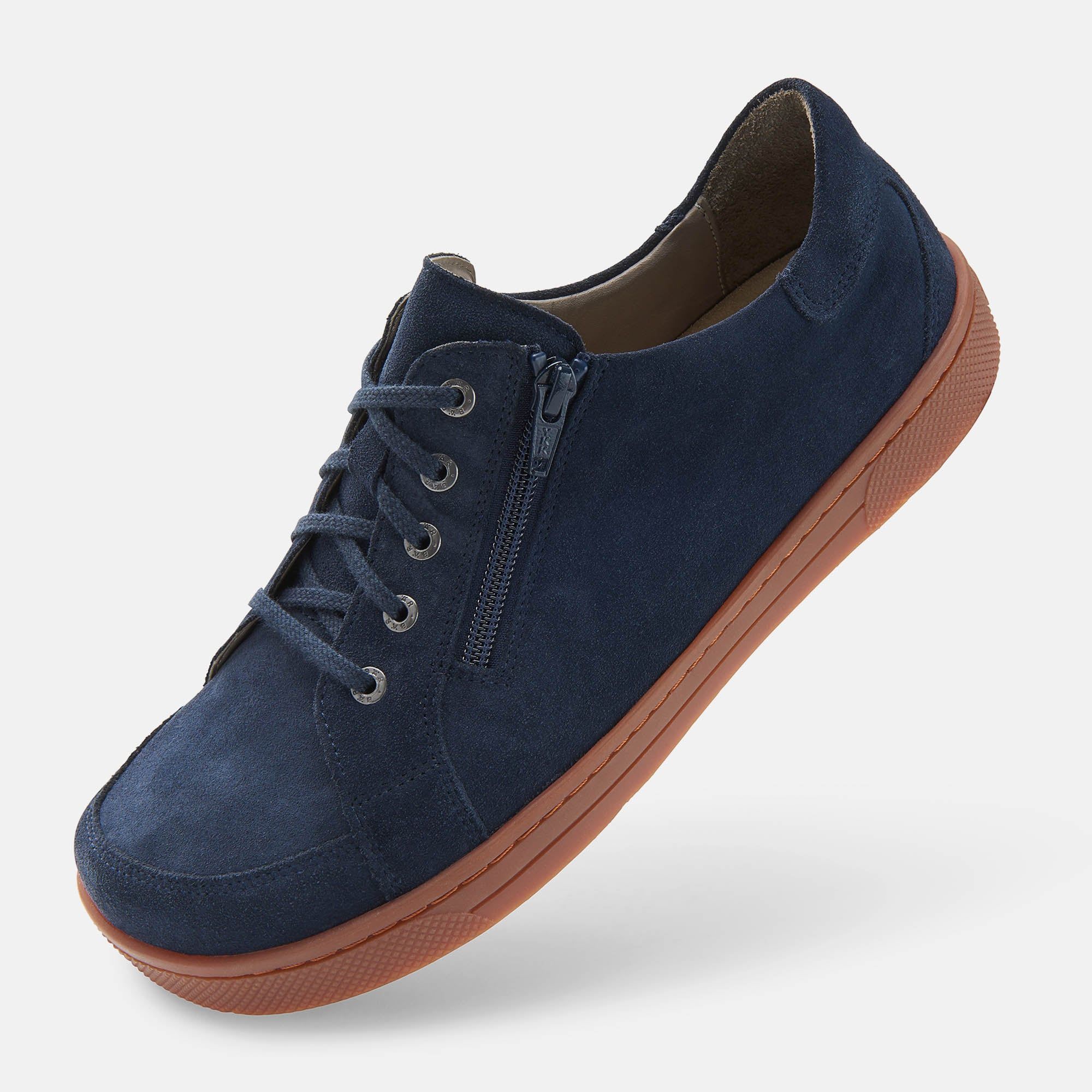 Dunkelblaue Herren-Schnürschuhe aus Wildleder, Draufsicht, mit seitlichem Reißverschluss und brauner Sohle.