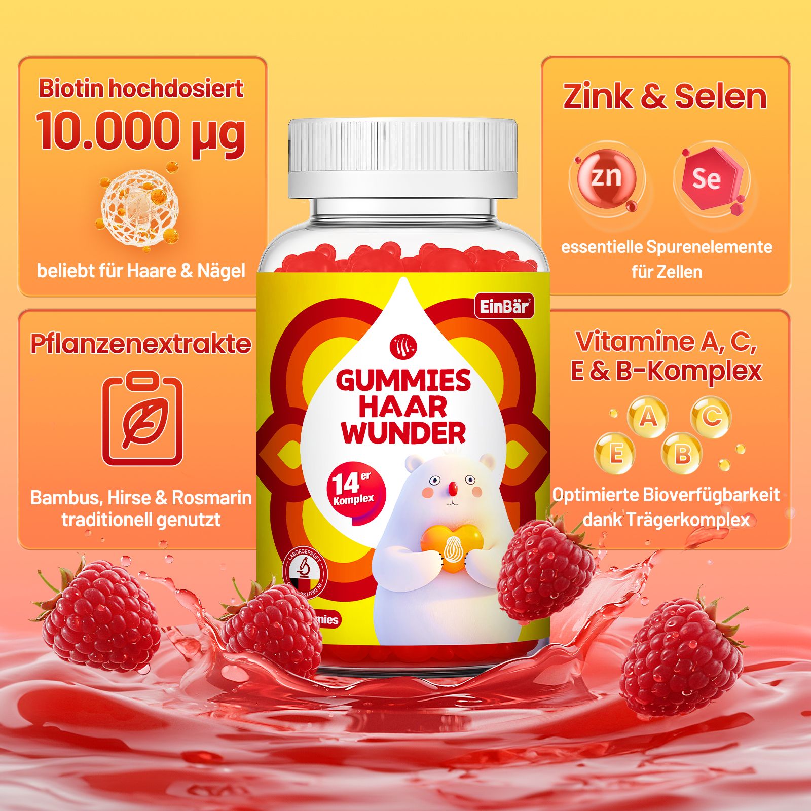 Flasche mit Gummibärchen für Haare, mit Bären-Illustration und Hinweisen zu Biotin, Zink, Selen und Vitaminen.