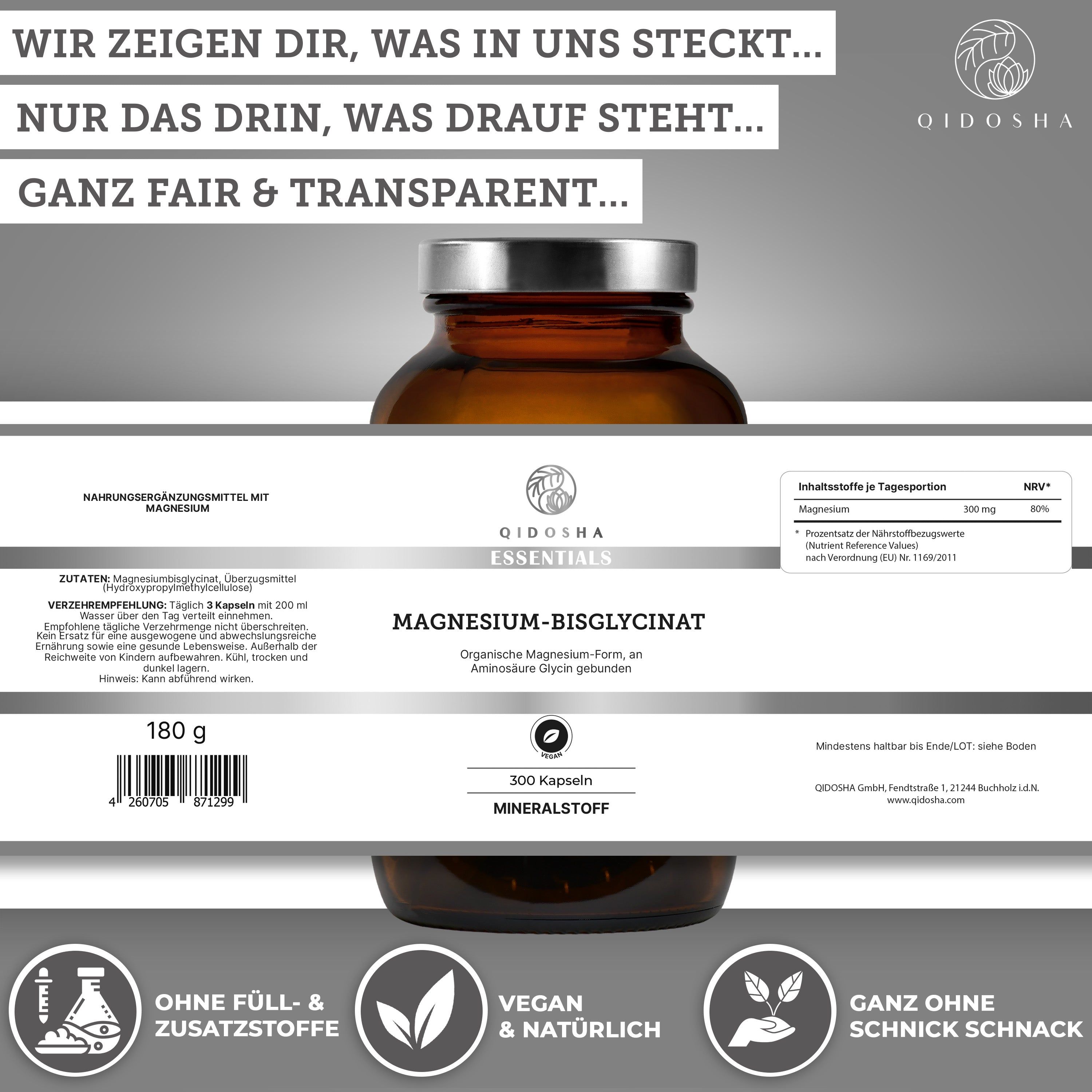 QIDOSHA Magnesium-Bisglycinat: Flasche mit 300 Kapseln (180g). Nährwertangaben und Siegel für 'Ohne Füll- & Zusatzstoffe', 'Vegan & Natürlich'.