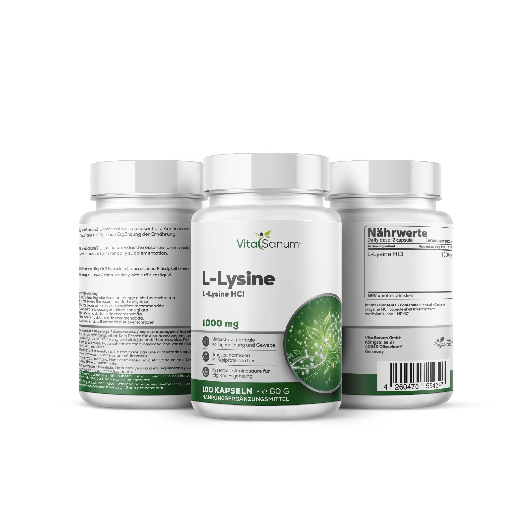 VitaSanum L-Lysin Kapseln, 1000 mg, 100 Kapseln, mit Nährwertangaben.