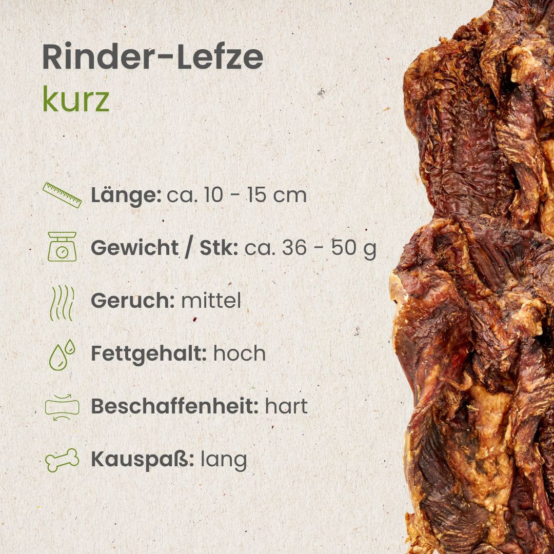 Getrocknete Rinderlefze, 10-15 cm lang, hart, mit mittlerem Geruch und hohem Fettgehalt.