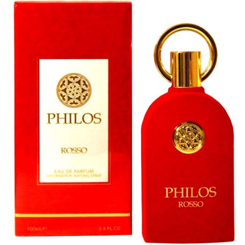 Roter Flakon mit goldfarbenem Verschluss und Verpackung. Aufschrift: Philos Rosso Eau de Parfum.