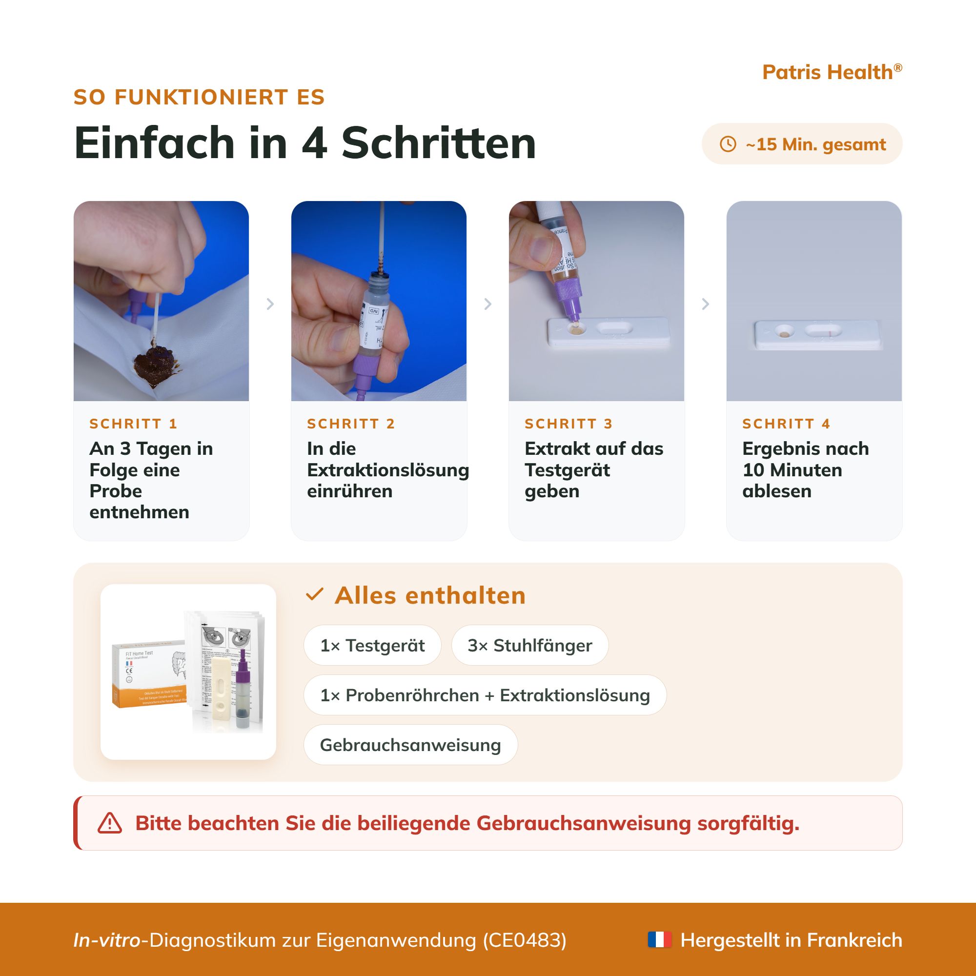 Sechs grafische Schritte zur Durchführung des FIT Home Test Stuhltests.
