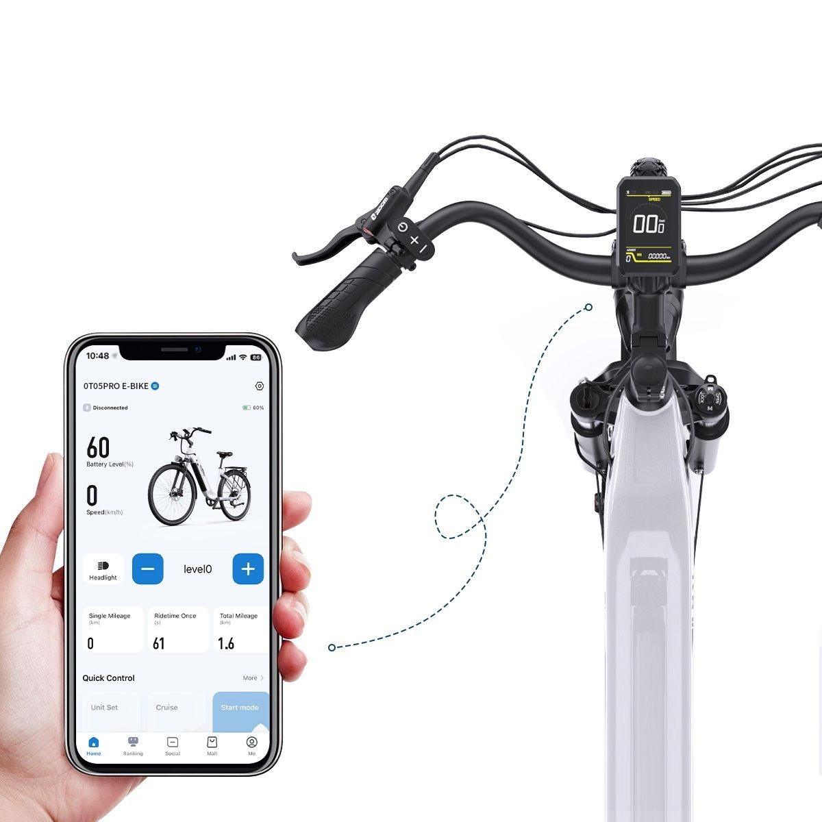 Nahaufnahme des Lenkers eines E-Bikes. Smartphone mit App-Anzeige. Digitales Display mit Informationen.
