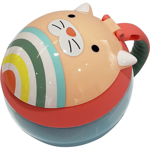 Behälter in Katzenform mit Griff. Farben: Rosa, Rot, Blau, Regenbogenmuster. Ohren, Augen, Nase und Schnurrhaare sind sichtbar.