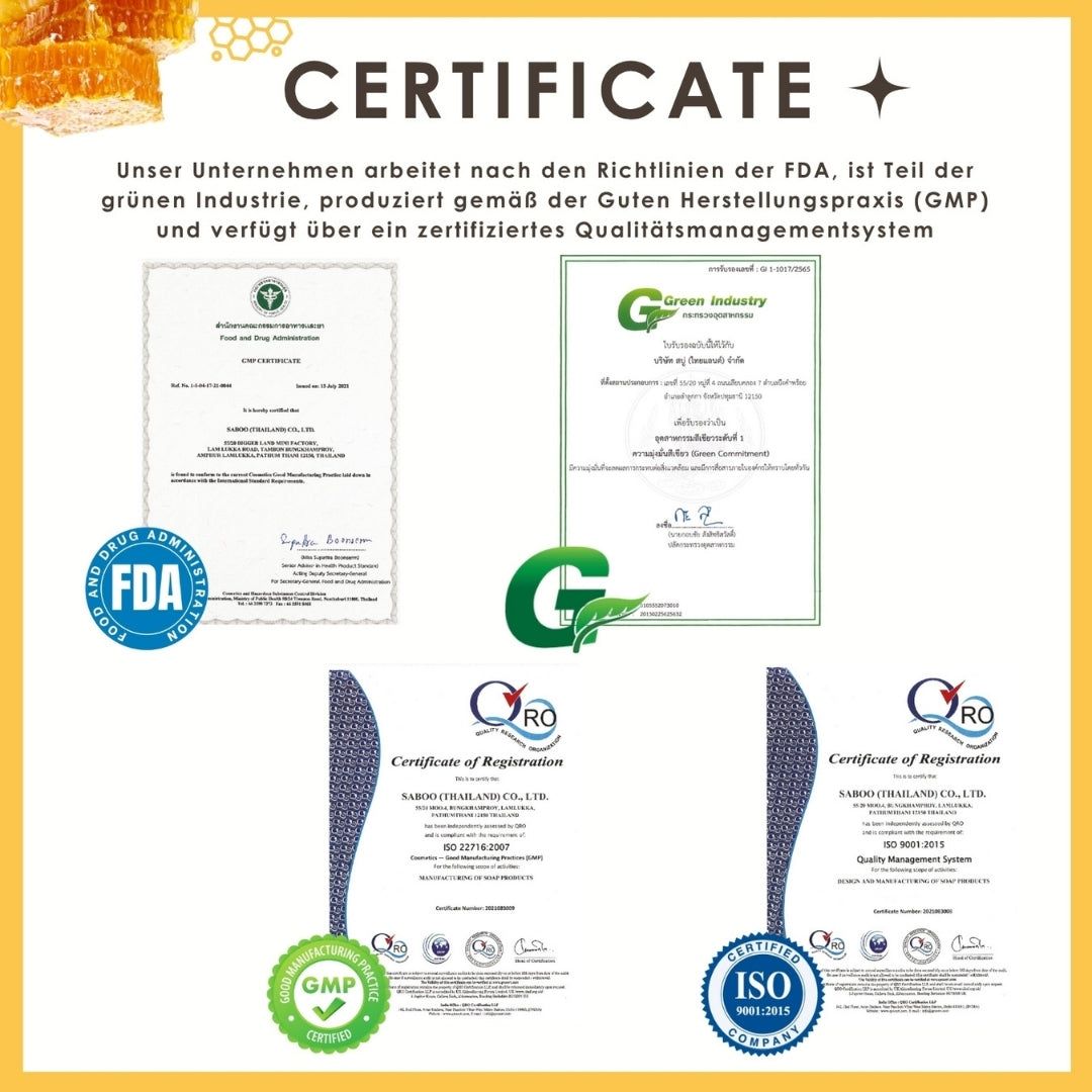 Zertifikate: FDA, GMP, ISO 9001. Logos: Green Industry, QRO. Text: Zertifiziertes Qualitätsmanagementsystem, hergestellt nach den Richtlinien der FDA.