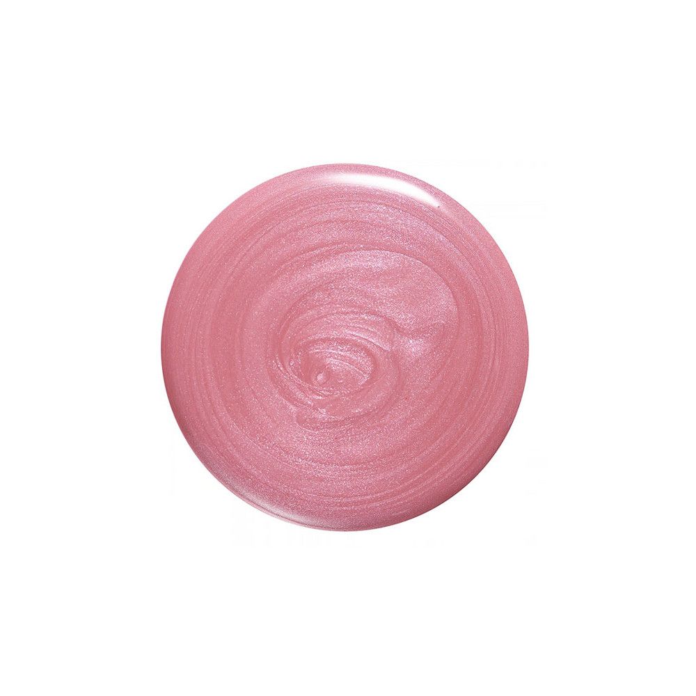 Ein runder Tupfer schimmernden rosa Nagellacks auf weißem Hintergrund.