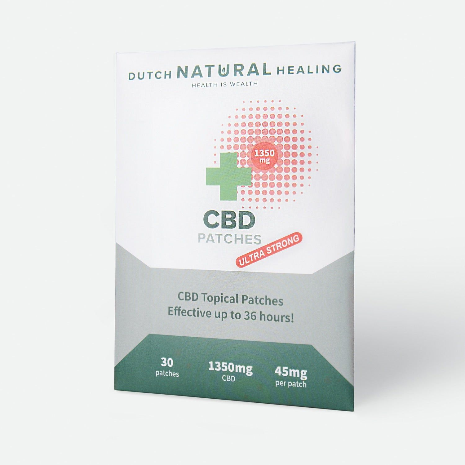 Verpackung für CBD-Pflaster, 30 Stück, 1350mg CBD gesamt, 45mg pro Pflaster.