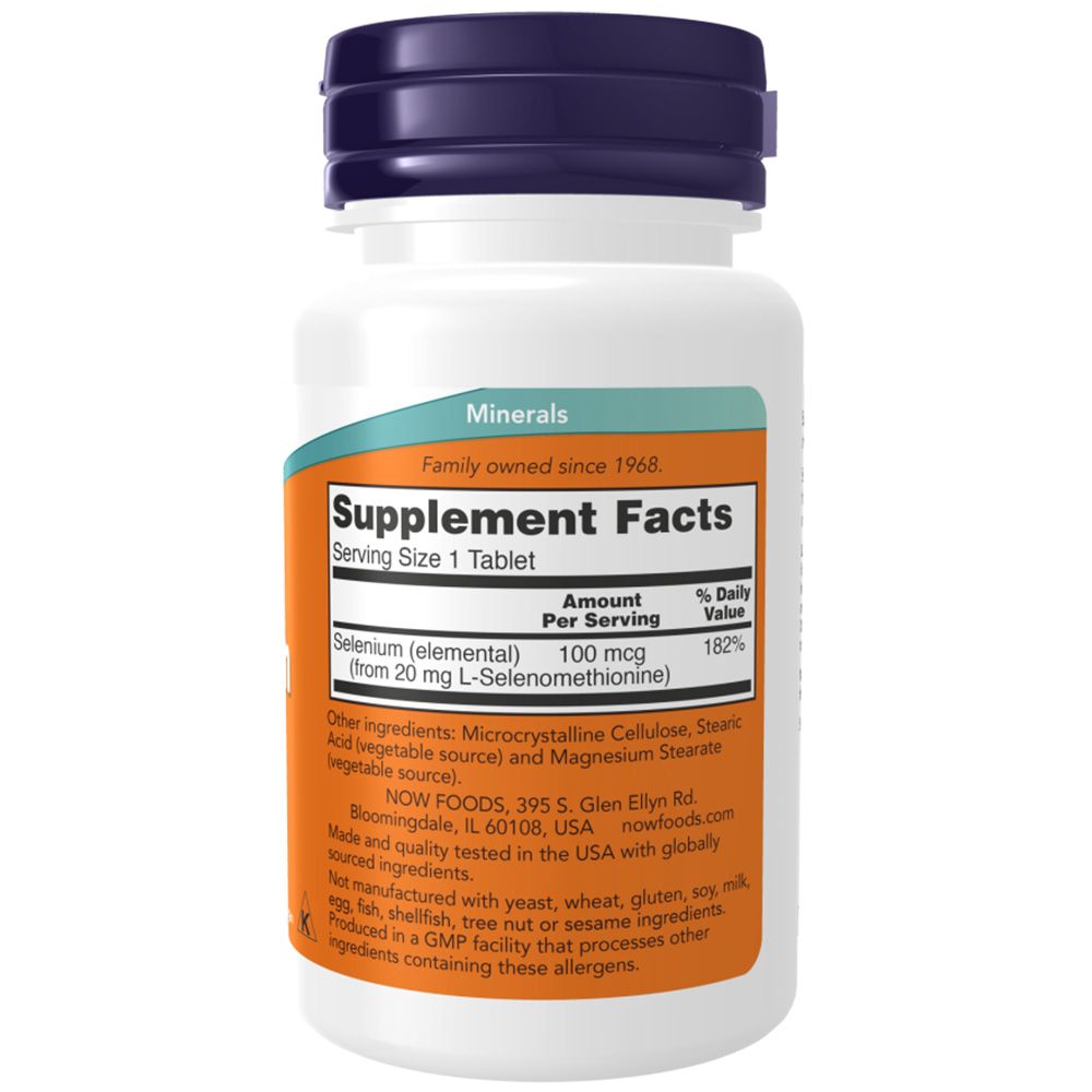 Rückseite der Flasche. Aufschrift: Supplement Facts, Selenium 100 mcg. Zutatenliste. NOW FOODS Logo. Hergestellt in den USA.