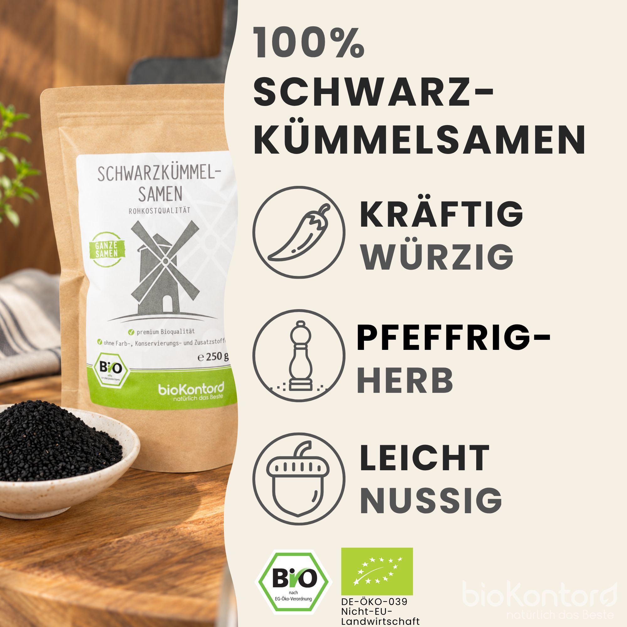 Schwarzkümmelsamen-Verpackung mit Windmühlen-Symbol und Bio-Siegel.