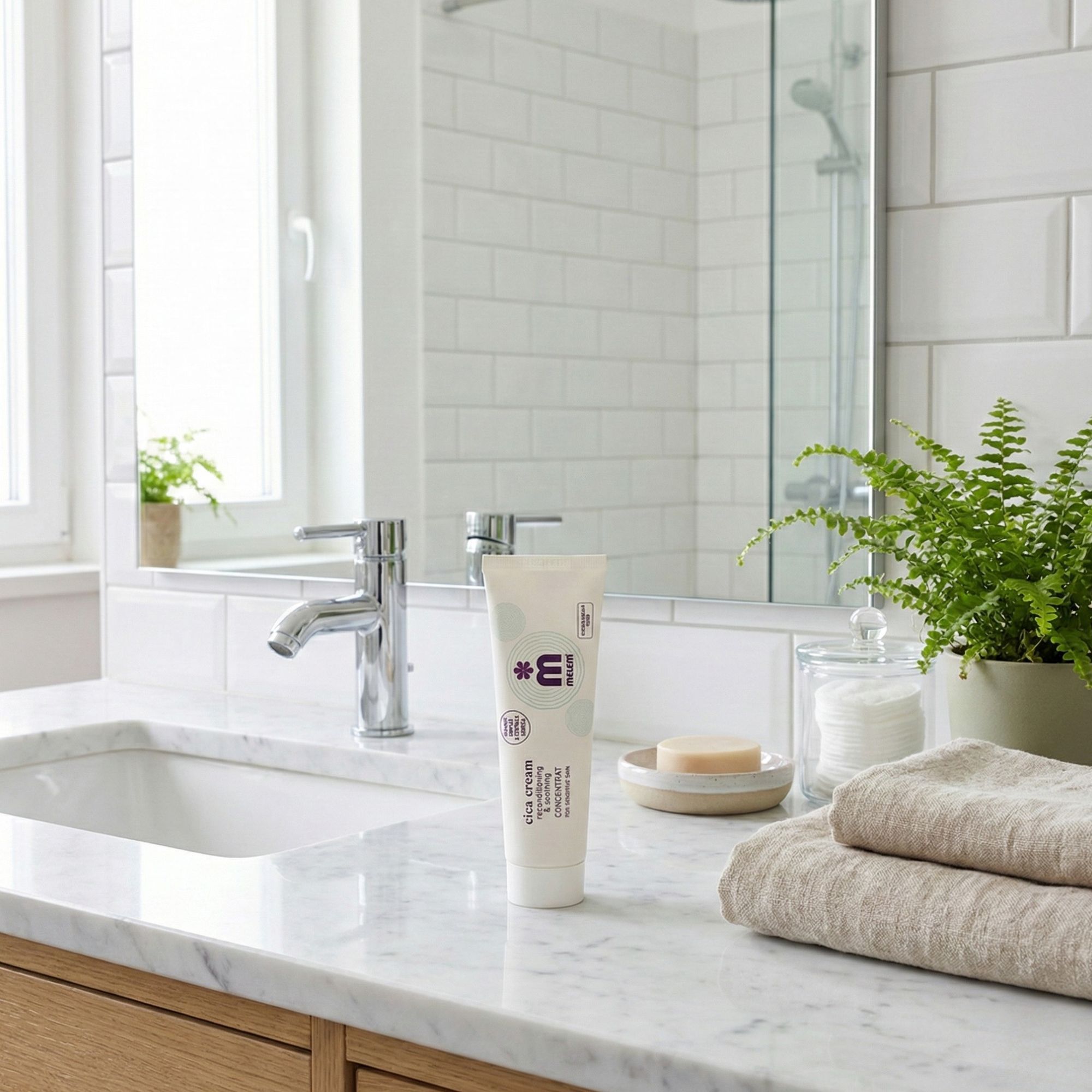 Creme-Tube mit Produktnamen und Logo. Aufschrift: Cica Cream Konzentrat. Für empfindliche Haut. Auf einer Marmoroberfläche im Badezimmer.