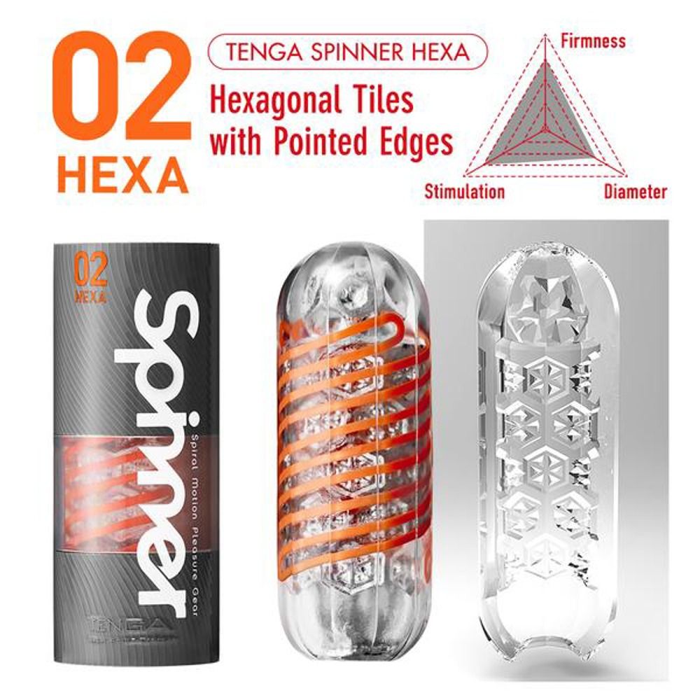Produkt mit Verpackung und zwei Varianten. Verpackung: zylindrisch, grau mit Text. Produkte: transparent mit orangefarbenen Spiralen und hexagonaler Struktur.