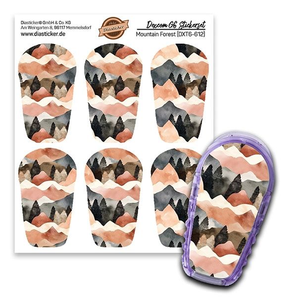 Aufkleber-Set für Dexcom G6. Motiv: Bergwald. Sechs Aufkleber mit Berglandschaftsmuster und ein Gerät mit passendem Design. Marke: Diasticker.
