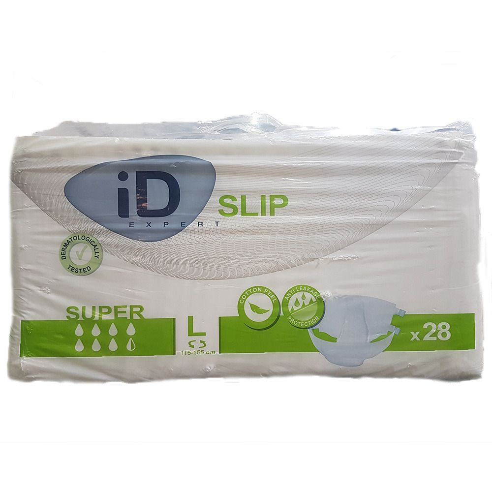 Verpackung iD Slip Super Gr. L. Weiße Windeln in Folie verpackt. Aufdrucke: iD, Slip, Super, L, dermatologisch getestet, x28.