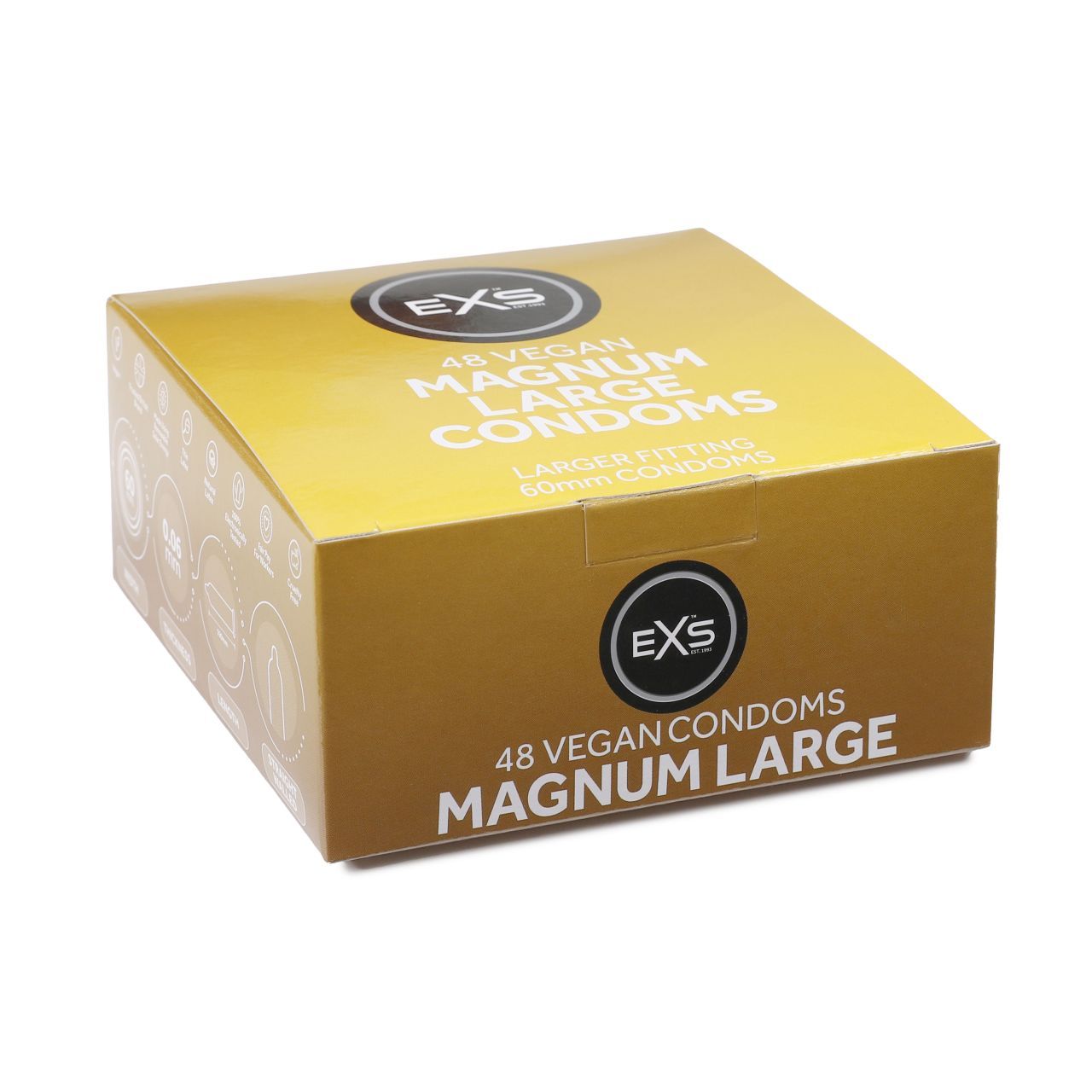 Verpackung mit 48 veganen EXS Magnum Large Kondomen. Goldfarben mit Produktinformationen.