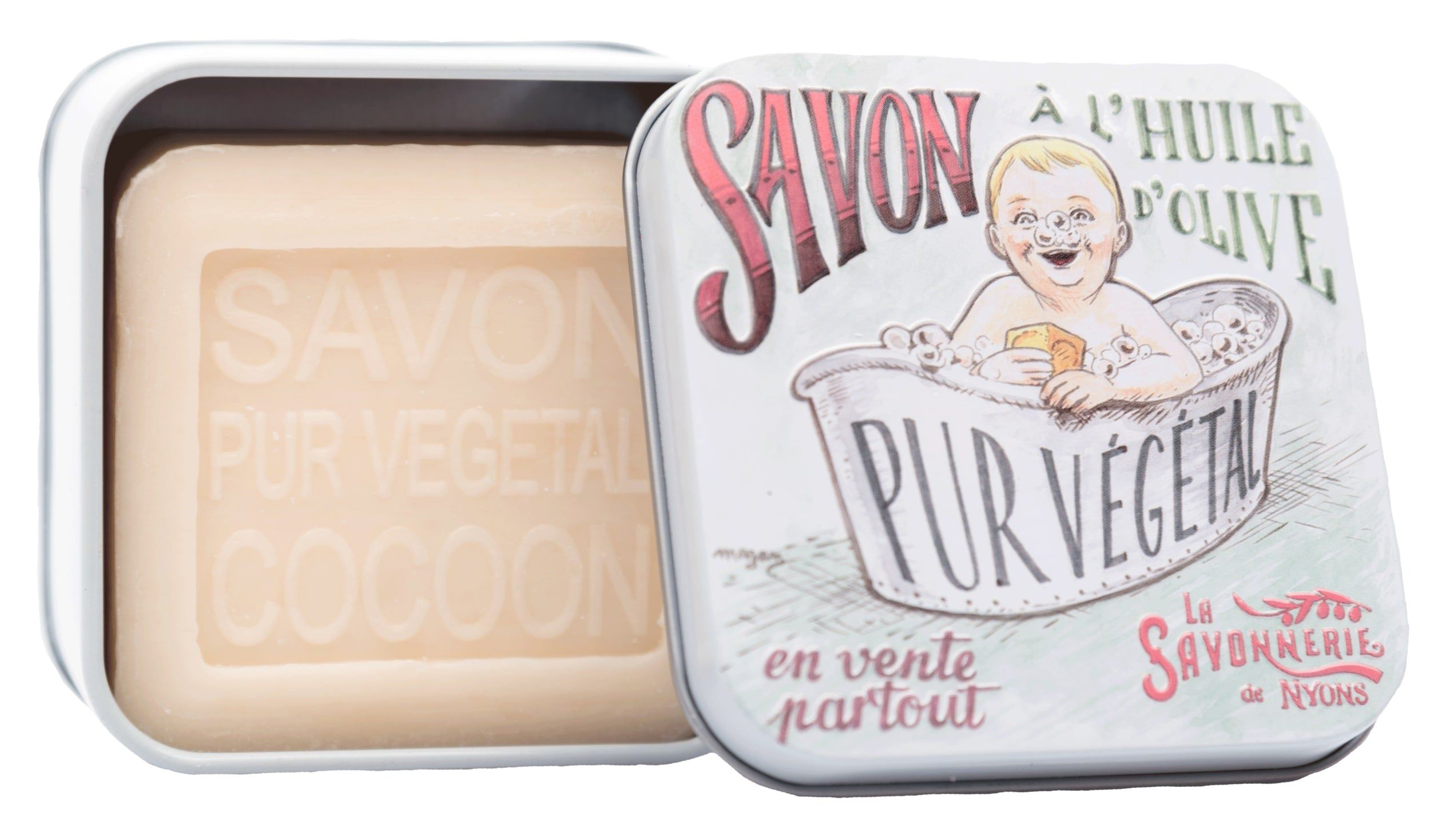 Geöffnete Metallbox mit Seife. Motiv: Baby in Badewanne. Text: Savon à l'huile d'olive, Pur Végétal, La Savonnerie de Nyons.