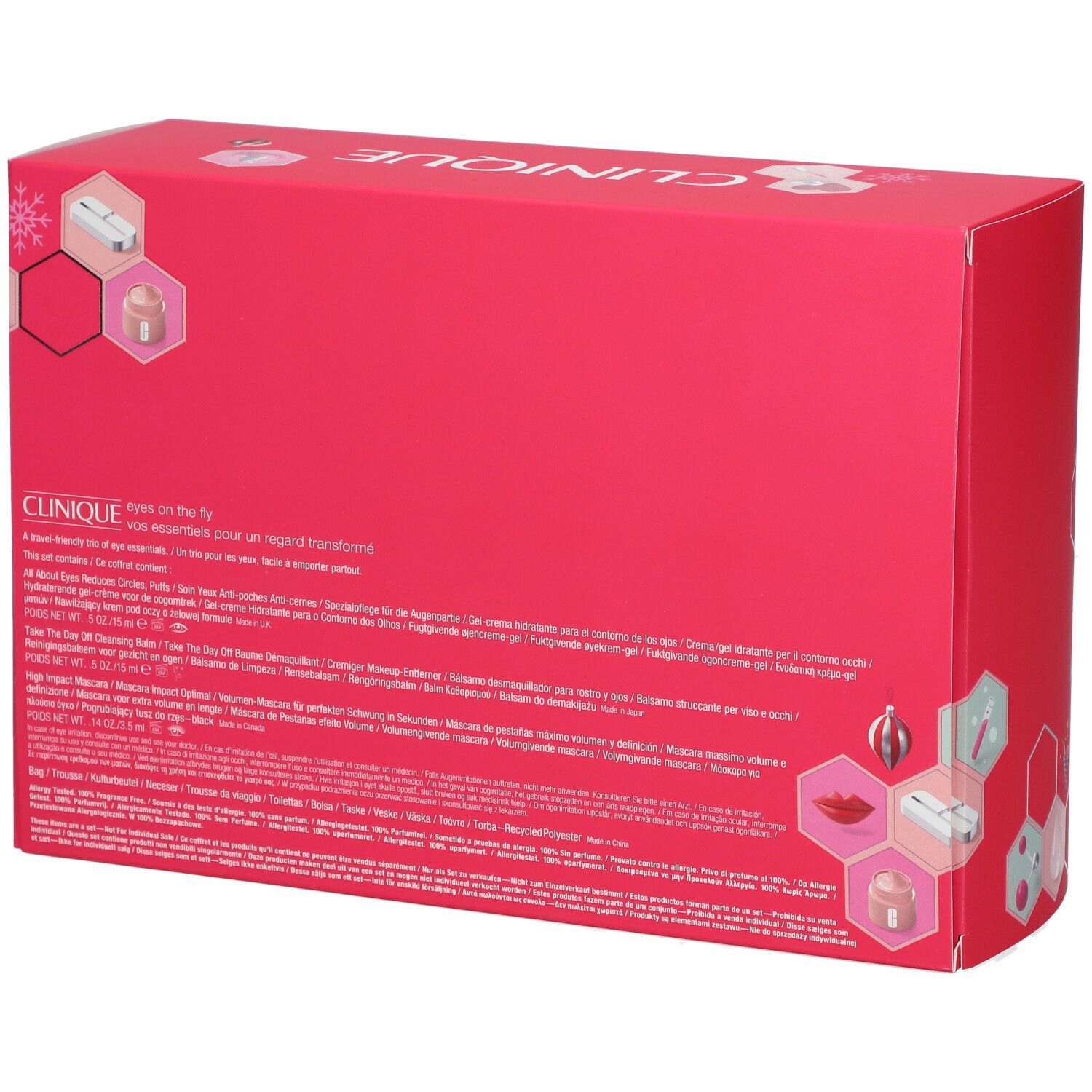 Dos du coffret cadeau CLINIQUE Eyes on the fly. Emballage rose avec texte et informations sur le produit. Logo CLINIQUE.