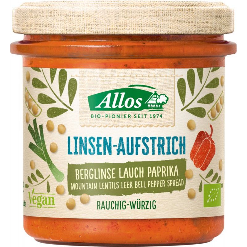 Glas mit Aufstrich. Aufschrift: Linsen-Aufstrich Berglinse Lauch Paprika. Marke: Allos. Vegan-Siegel. Bio-Siegel.