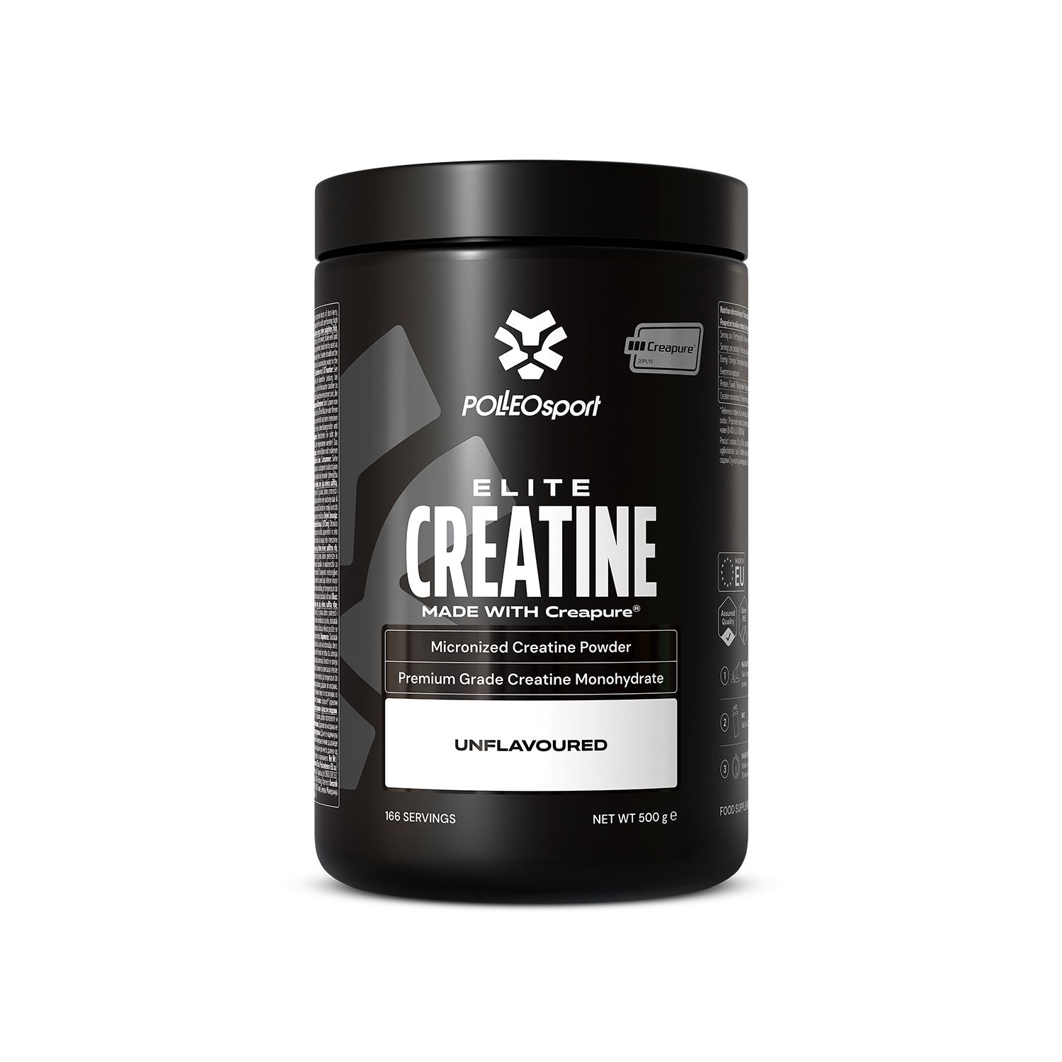 Schwarzer Behälter mit PolleoSport Elite Creatine, Made with Creapure®, 300g.
