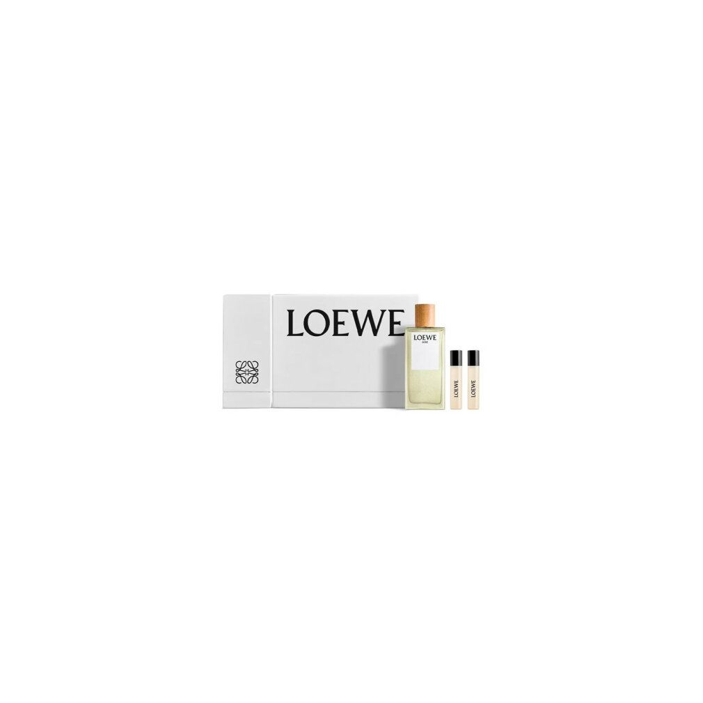 Weißer Karton mit LOEWE-Logo und Flakon, zwei Proben. Flakon mit Holzverschluss, helle Flüssigkeit. Proben mit schwarzem Deckel.