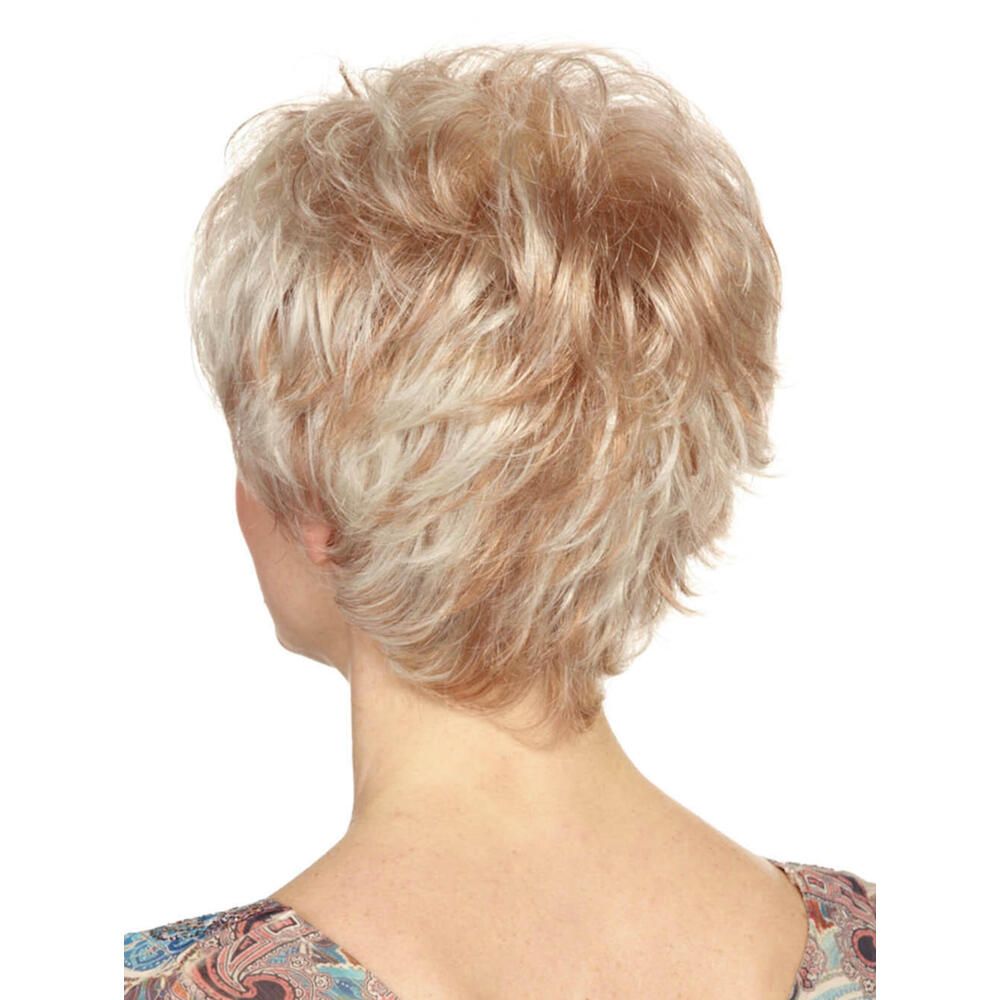 Kurzhaarperücke, blond mit Strähnen, Rückansicht. Hellblonder Farbton.