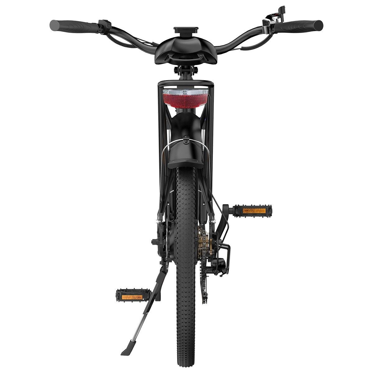Schwarzes ESKUTE Polluno Plus E-Bike. Rückansicht. Schutzbleche, Rücklicht, Pedale. 36V 20Ah Batterie.