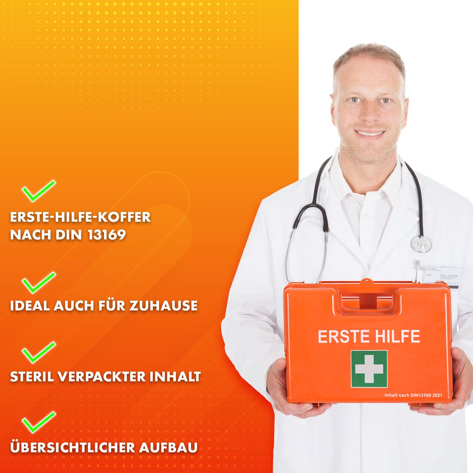KARAT Erste-Hilfe-Koffer Mittel DIN 13169 für mittelgroße Betriebe - Wandhalterung und 90° Stopper