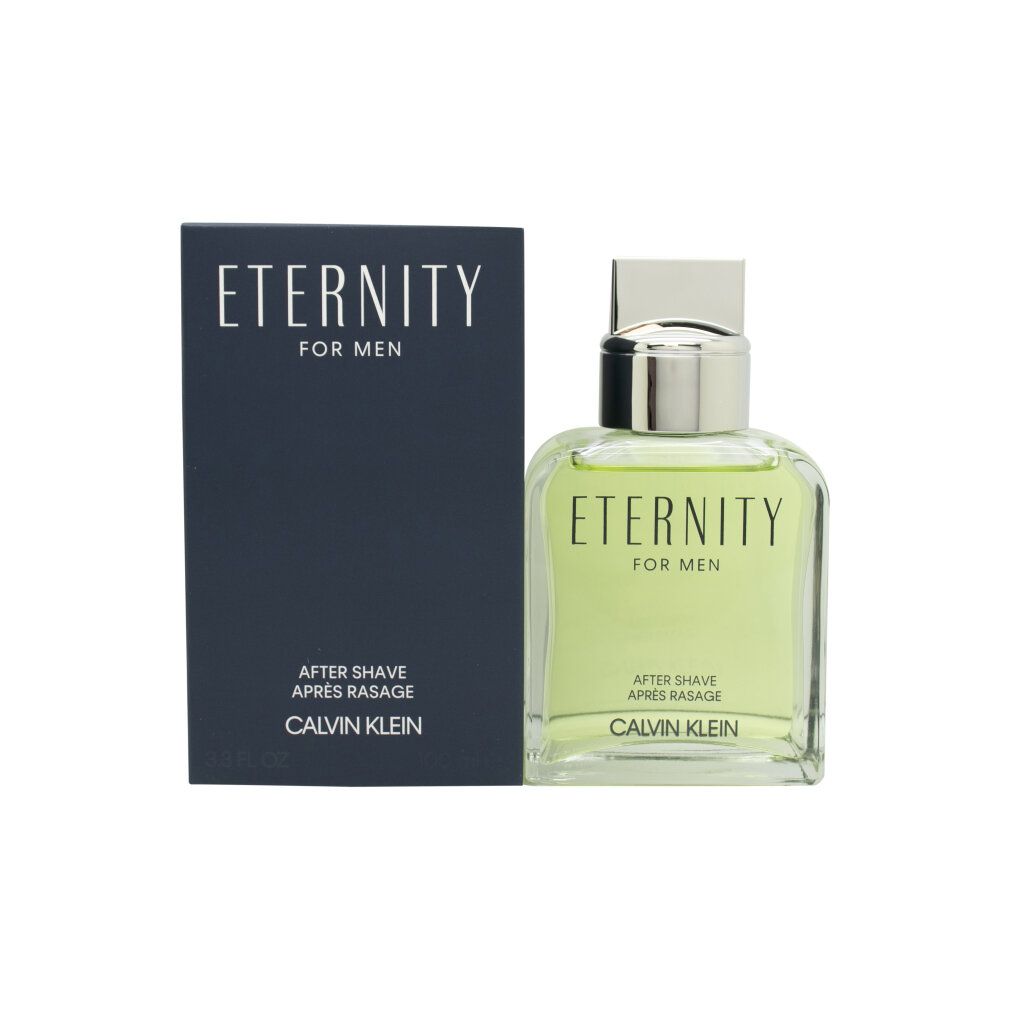 Aftershave-Flakon mit blauer Verpackung. Aufschrift: Eternity for men, Calvin Klein. Flakon mit silbernem Verschluss.