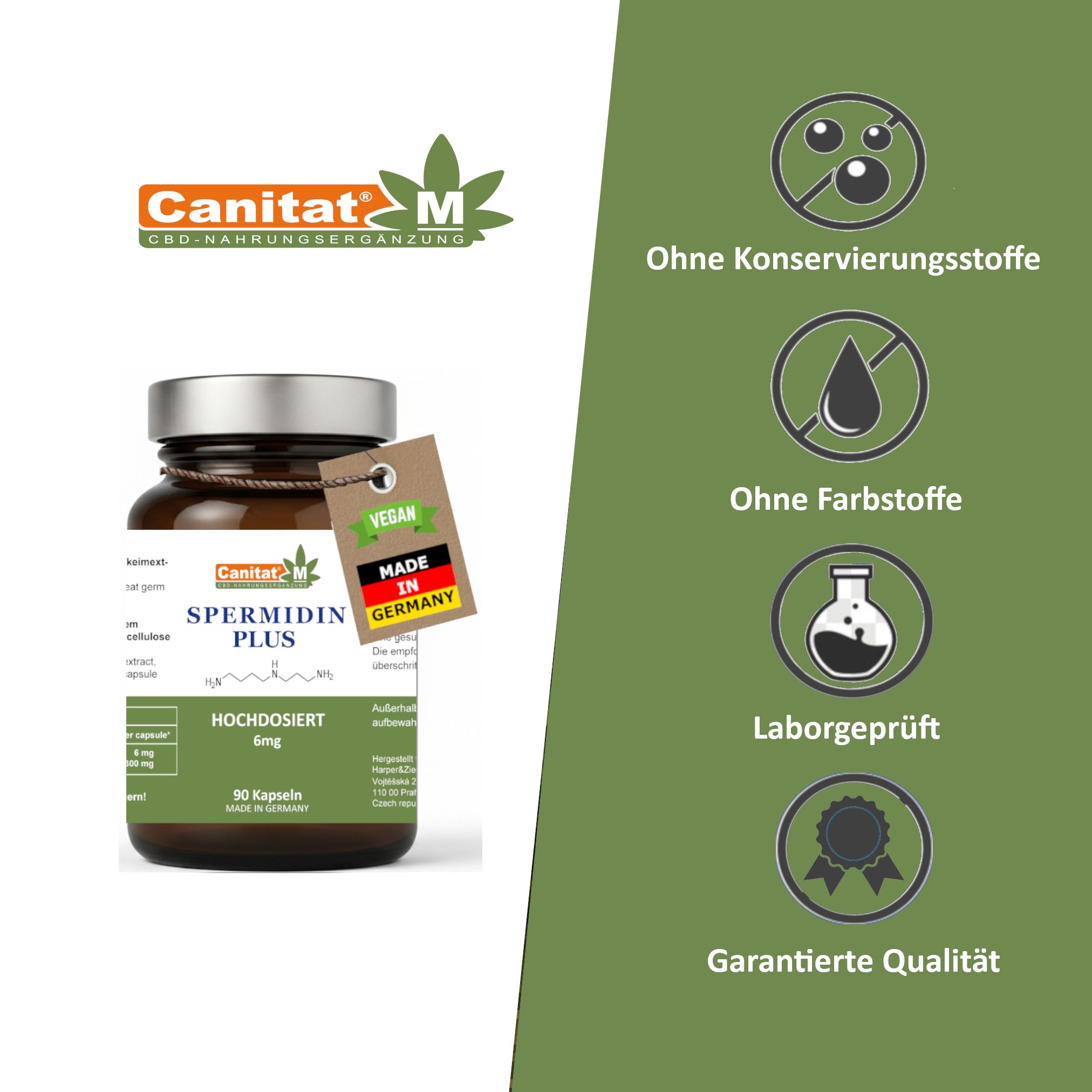 Braune Glasflasche mit Etikett: Spermidin Plus, 6mg, 90 Kapseln. Vegan-Siegel, Made in Germany. Icons: Ohne Konservierungsstoffe, etc.