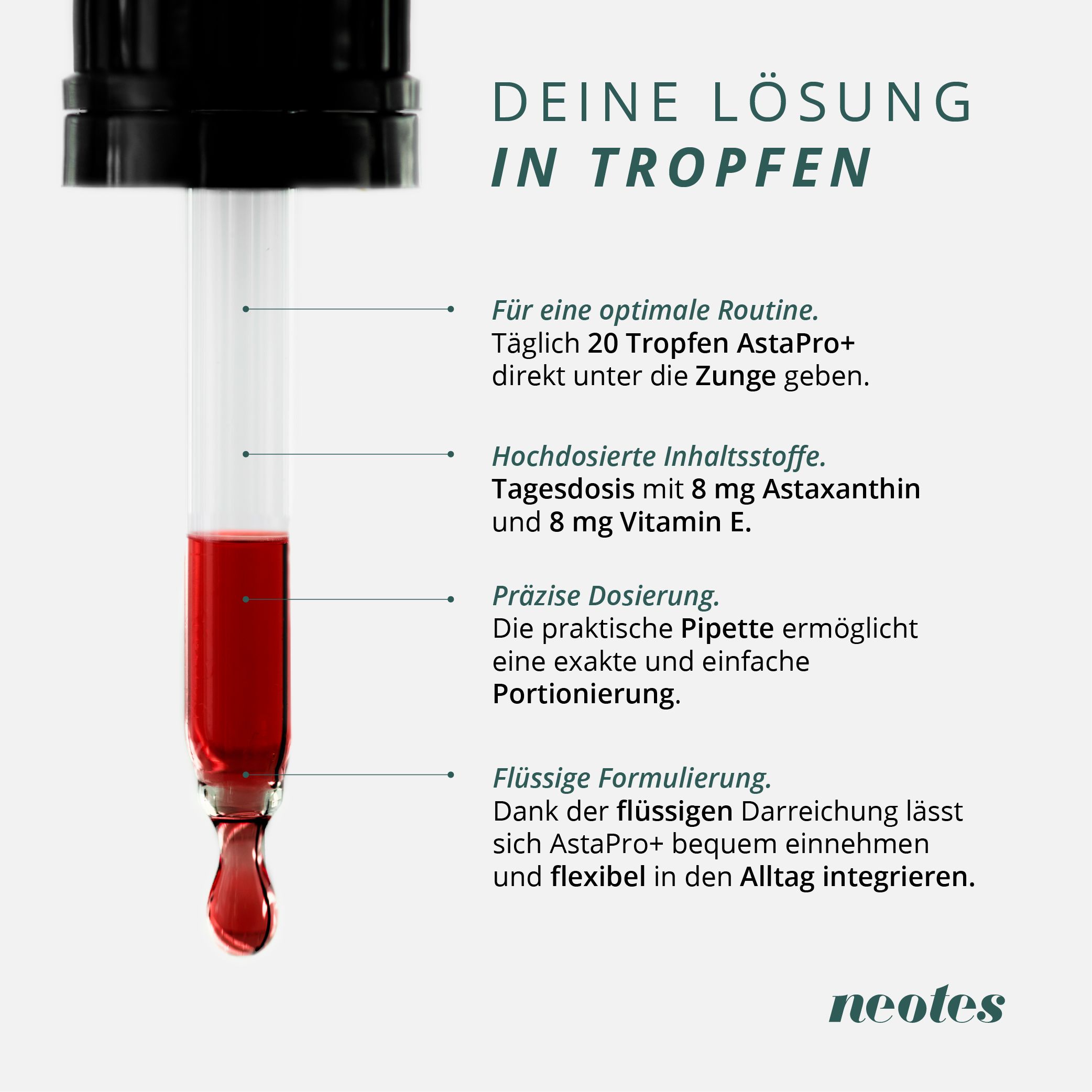 Nahaufnahme einer Pipette mit roter Flüssigkeit. Text: "Deine Lösung in Tropfen". Informationen zur Dosierung und Anwendung.
