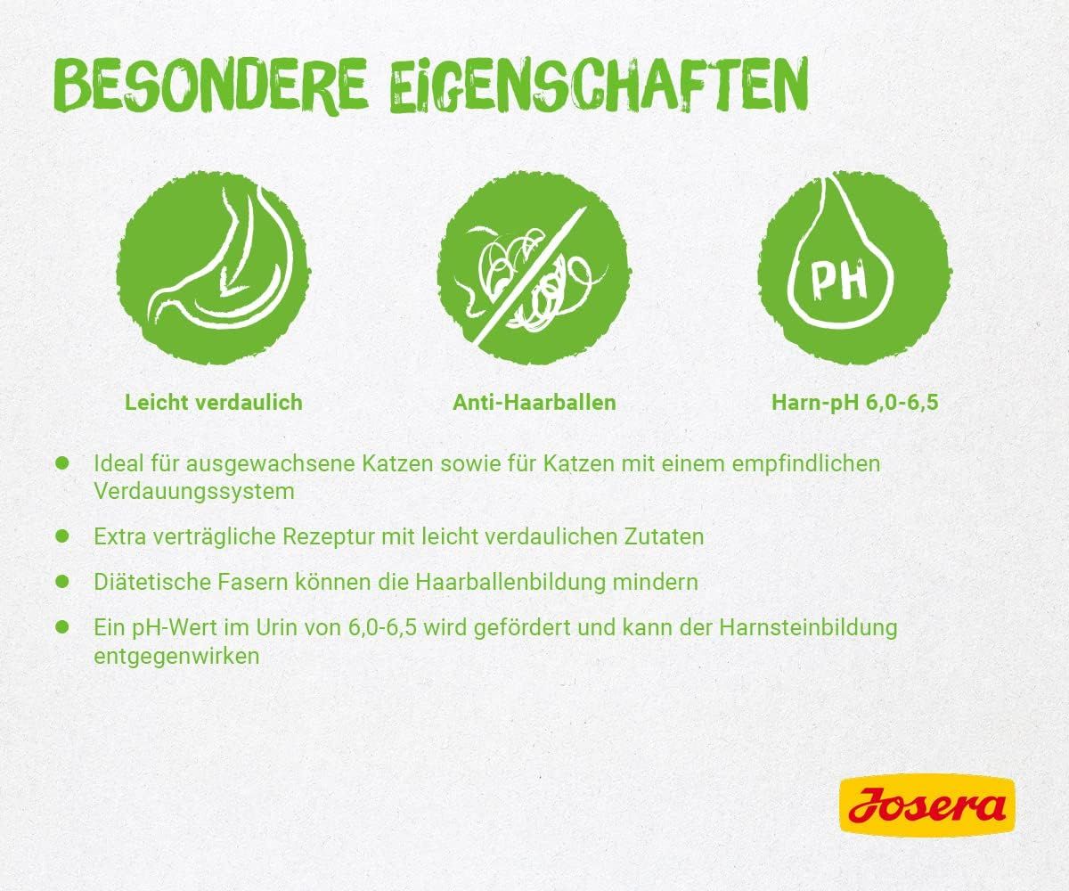 Josera SensiCat: Leicht verdaulich, Anti-Haarballen, Harn-pH 6,0-6,5. Für Katzen mit empfindlichem Verdauungssystem.