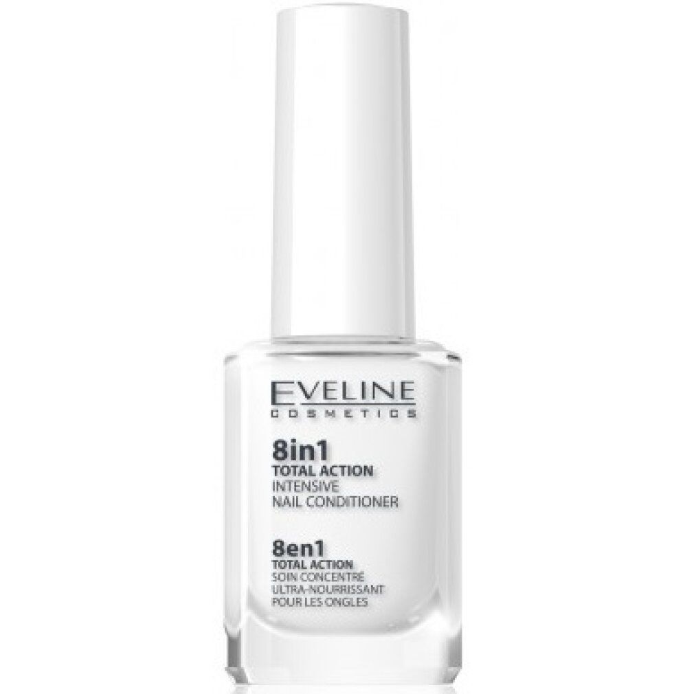 Nagelkur mit weißem Deckel. Aufschrift: Eveline Cosmetics, 8in1 Total Action Intensive Nail Conditioner.