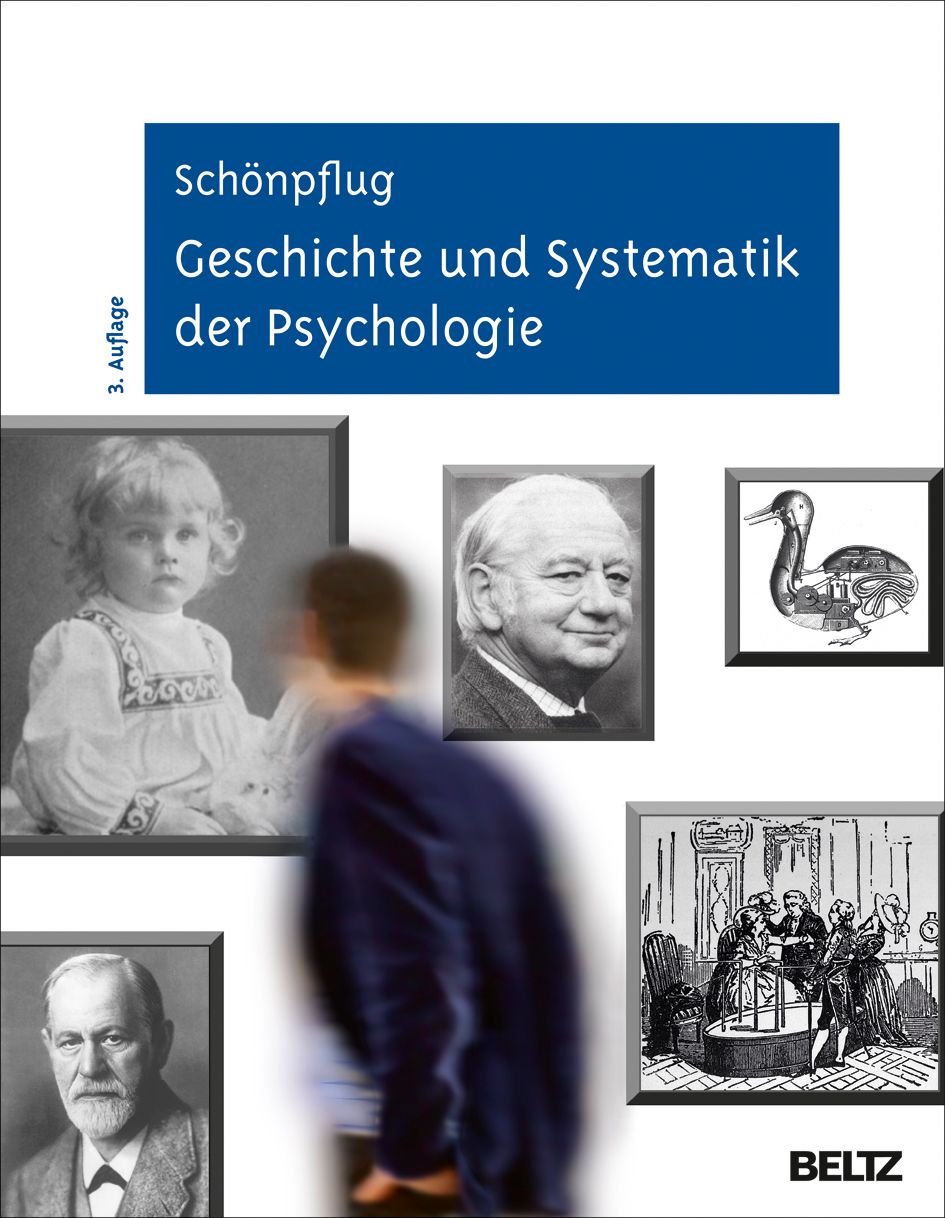 Buchcover: Schönpflug, Geschichte und Systematik der Psychologie. Blaue Leiste mit Titel. Fotos von Personen und Zeichnungen.